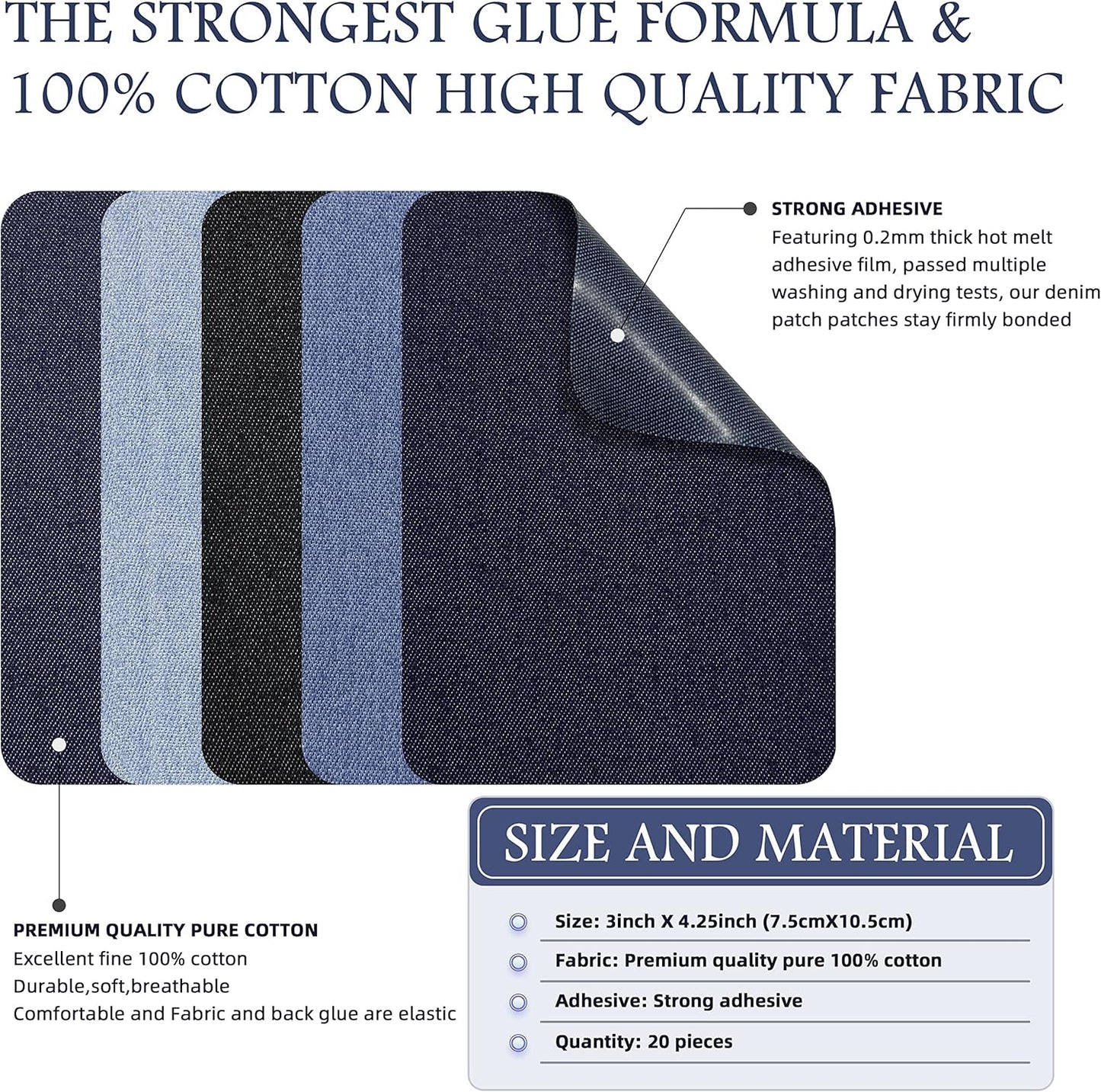 KING MOUNTAIN Iron-on Repair Patch 20 Pcs Pack,Denim Patches for Jeans Kit 3" by 4-1/4", 100% Cotton Denim Iron-on Repair Patch,Jeans and Clothing Repair and Decoration Kit (Five Color)