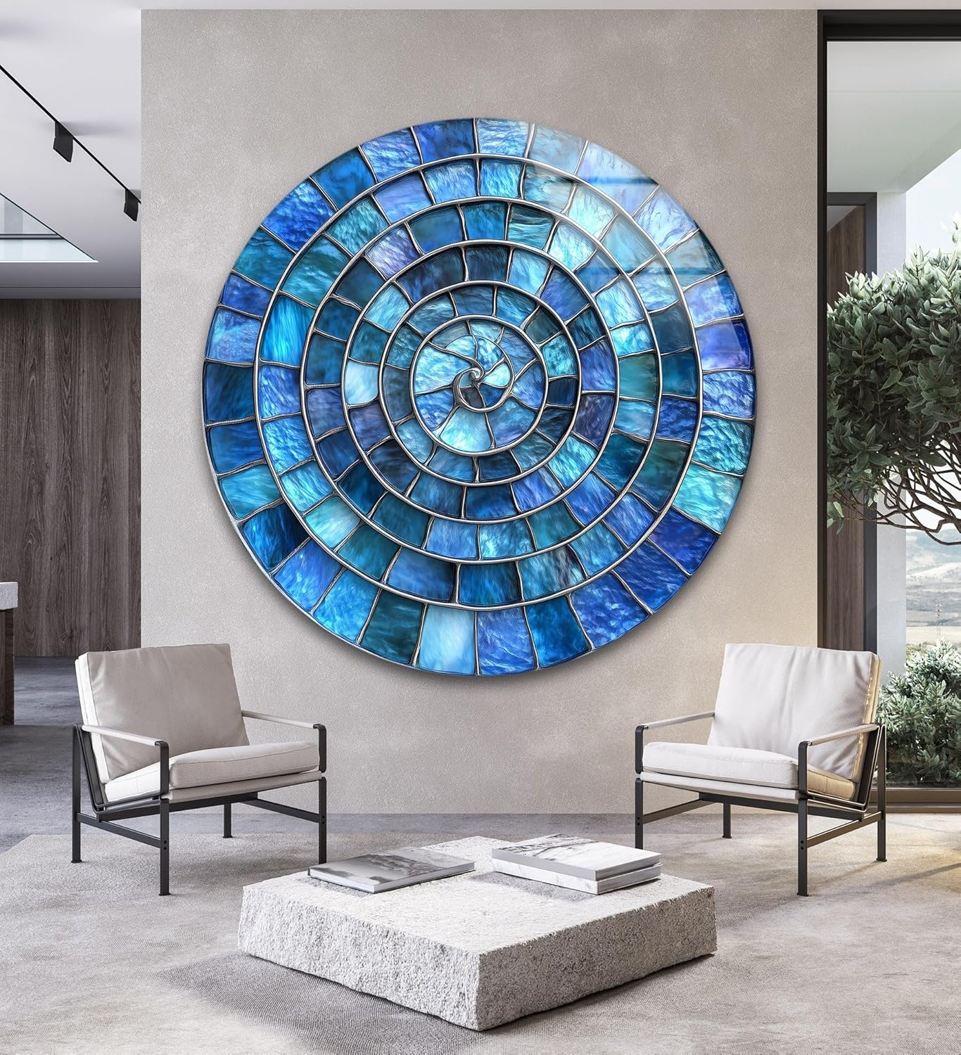 My Photostation.com 15.8''(40cm) Diameter Blue Aqua Spiral Harmony Round Glass Wall Art Tempered Glass Printing Wall Decor Large Wall Art Wall Hangings