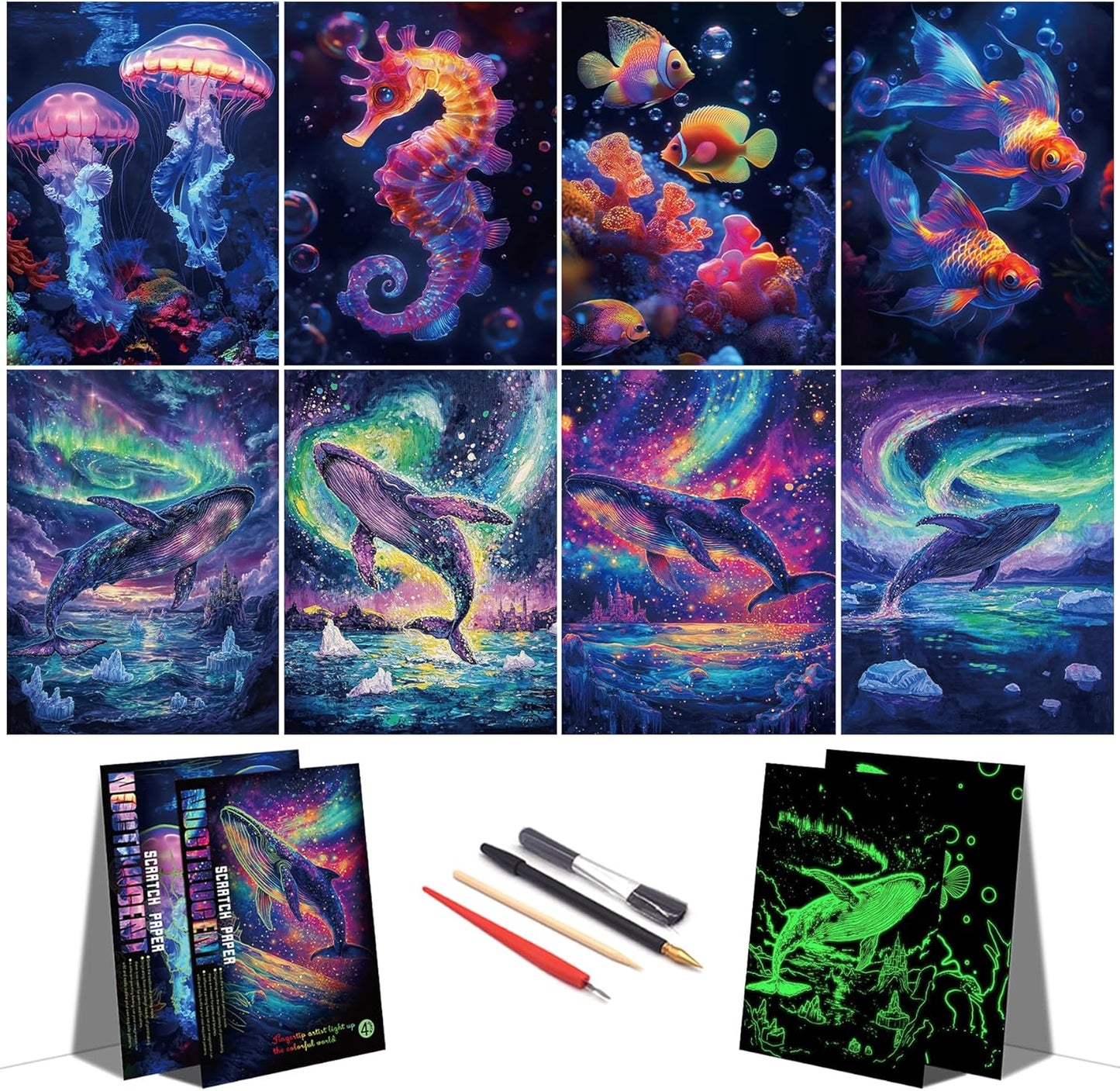 Scratch Paper Art for Adults-Glow in The Dark Scratch Painting Craft Kit (8 Sheets A4)|Foil Engraving Art Set|Stress Relief Gift for Craft Lovers|Creative Scratch Art Home Decor(Whales&Jellyfish)