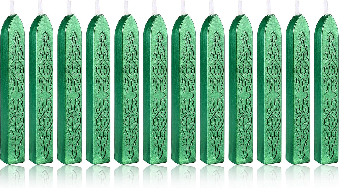 Yoption 12 Pcs Sealing Wax Sticks with Wicks, Antique Metallic Green Totem Fire Manuscript Seal Wax for Wax Seal Stamp (Metallic Green)