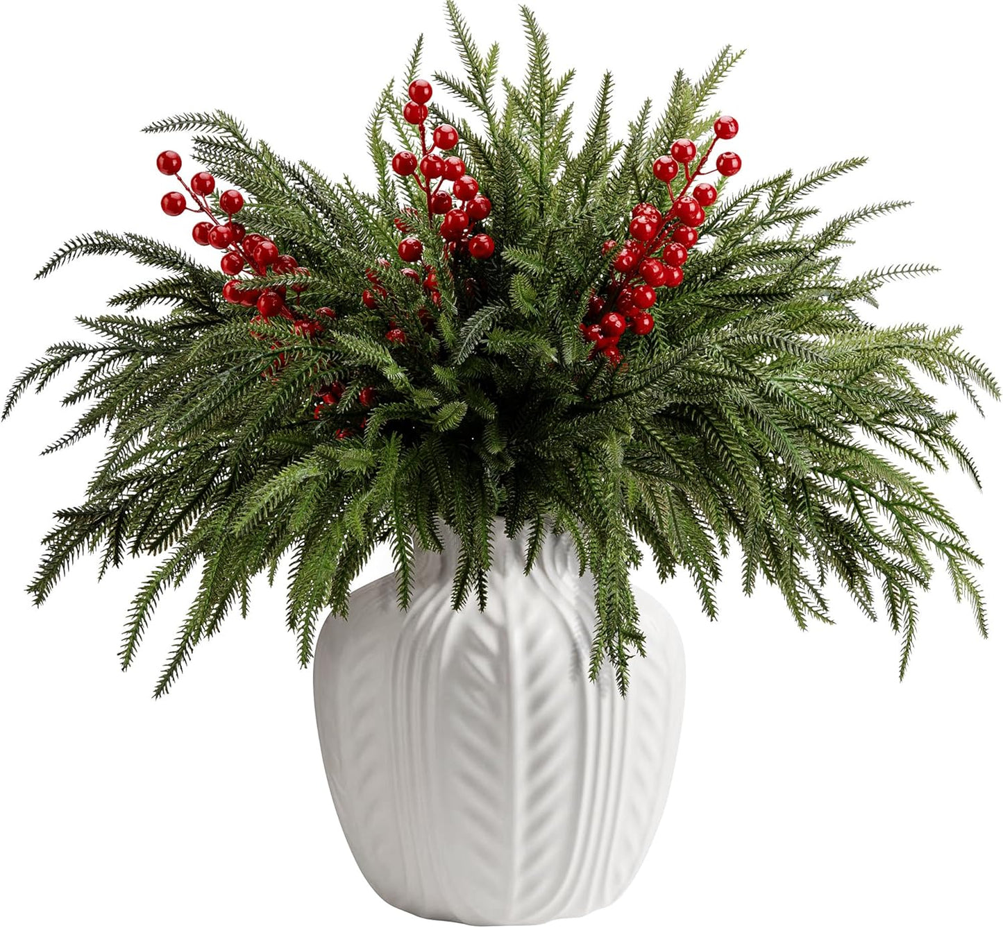25 Pcs Christmas Norfolk Pine Branches with Red Berry Stems, 19" Extra Long Fake Greenery Norfolk Pine Stems Sprigs, Artificial Xmas Branches Plants Pine Leaves for DIY Craft Garland Home Decor