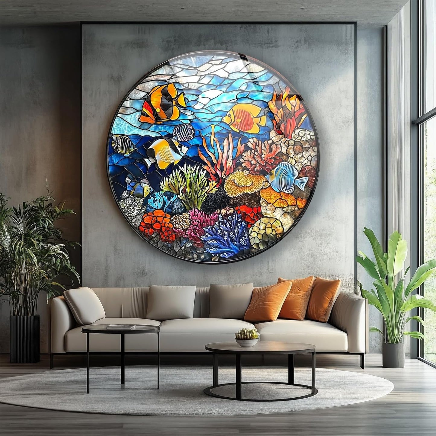 My Photostation.com 15.8''(40cm) Diameter Coral Reef Mosaic Round Glass Wall Art Tempered Glass Printing Wall Decor Large Wall Art Wall Hangings