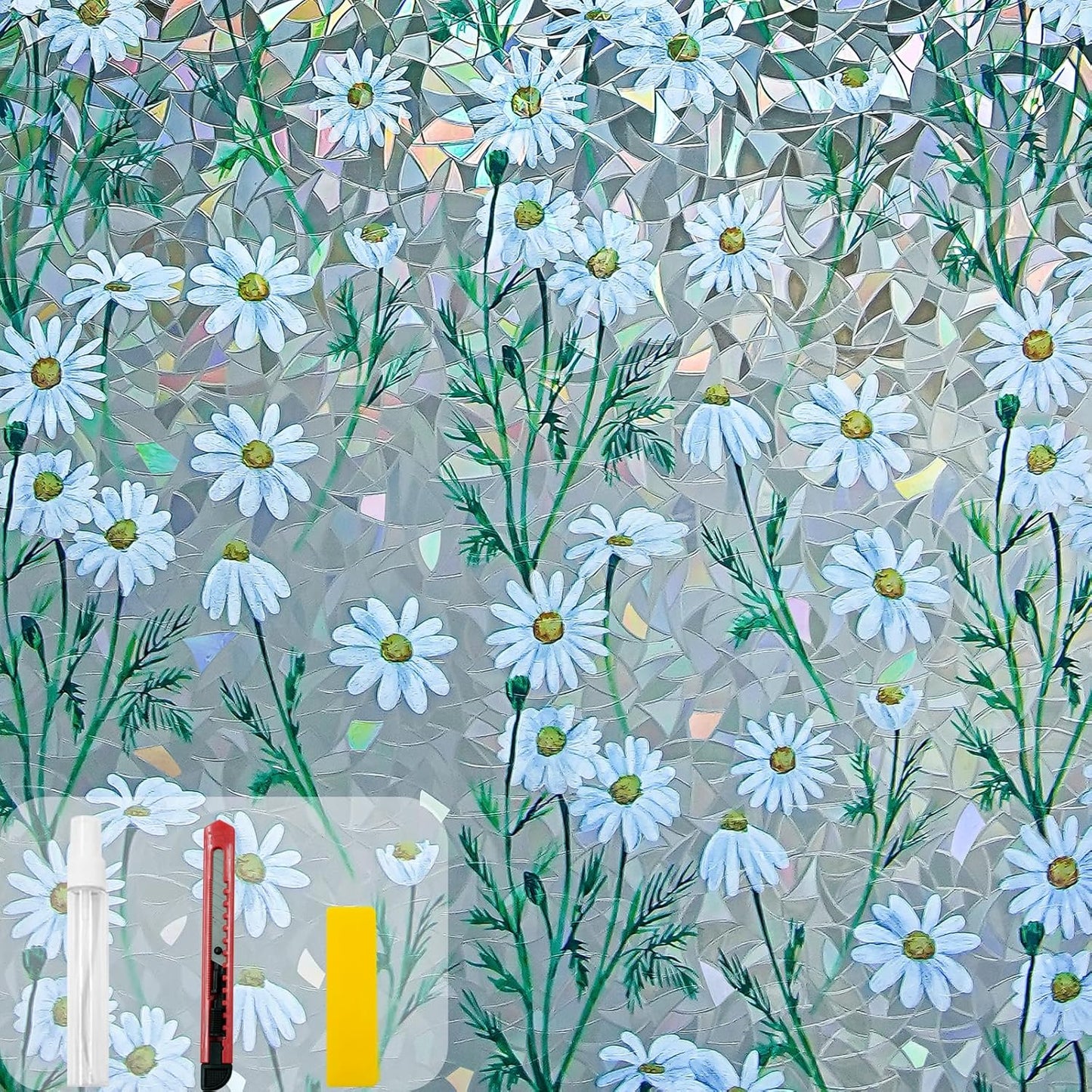 Window Privacy Film Stain Glass Window Film Rainbow Window Film Window clings Non-Adhesive Reusable Decorative for Room (Daisy Rainbow, 17.5 x 157.4 in)