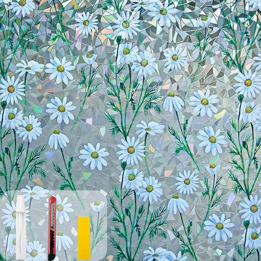 Window Privacy Film Stain Glass Window Film Rainbow Window Film Window clings Non-Adhesive Reusable Decorative for Room (Daisy Rainbow, 17.5 x 78.7 in)