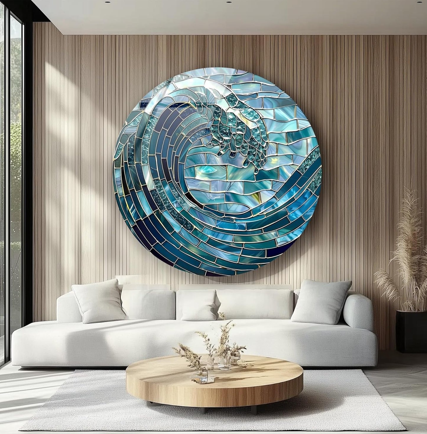 My Photostation.com 15.8''(40cm) Diameter Ocean Wave in Blue Mosaic Round Glass Wall Art Tempered Glass Printing Wall Decor Large Wall Art Wall Hangings