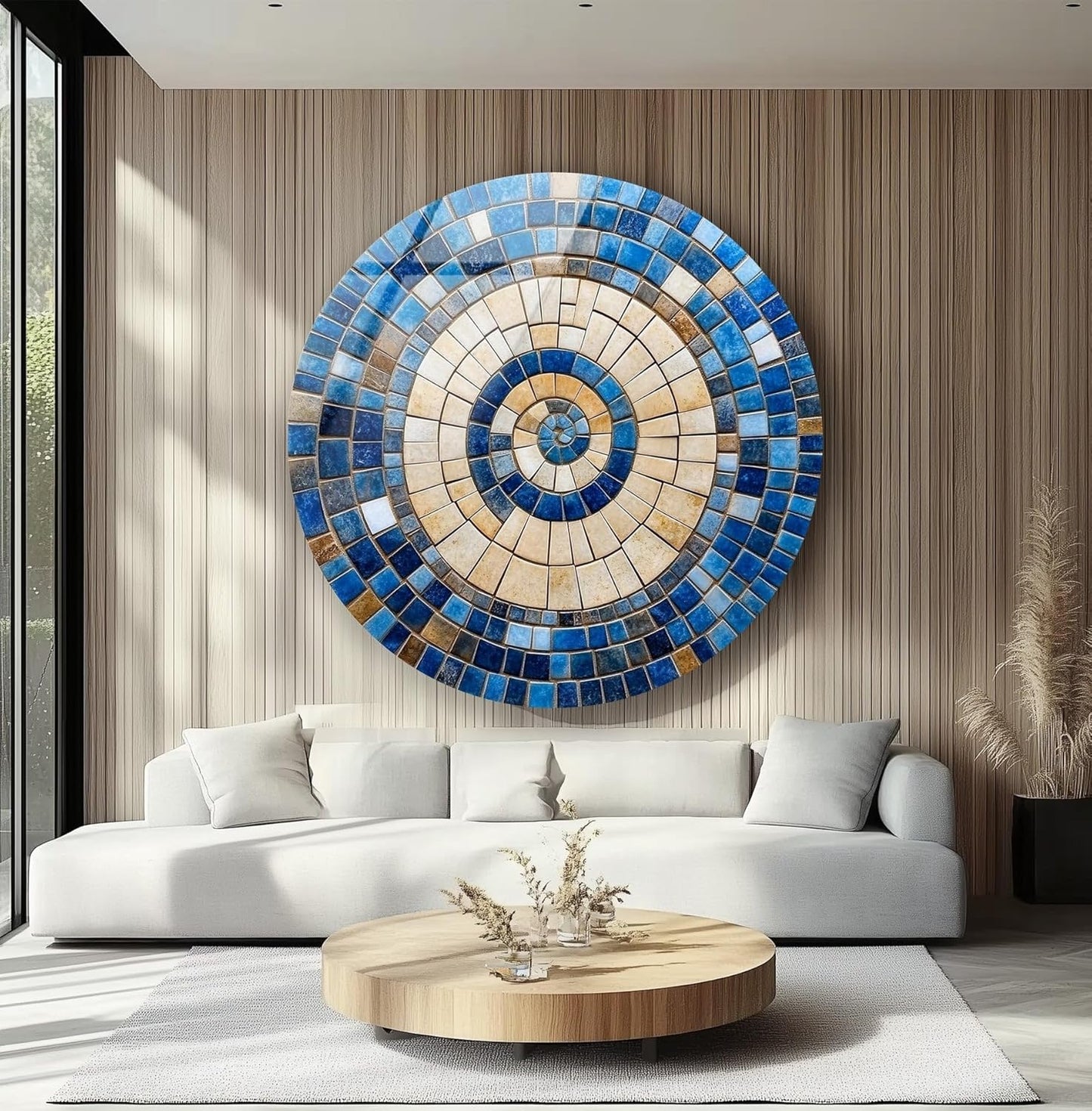 My Photostation.com 15.8''(40cm) Diameter Coastal Sunburst Beige & Blue Round Glass Wall Art Tempered Glass Printing Wall Decor Large Wall Art Wall Hangings