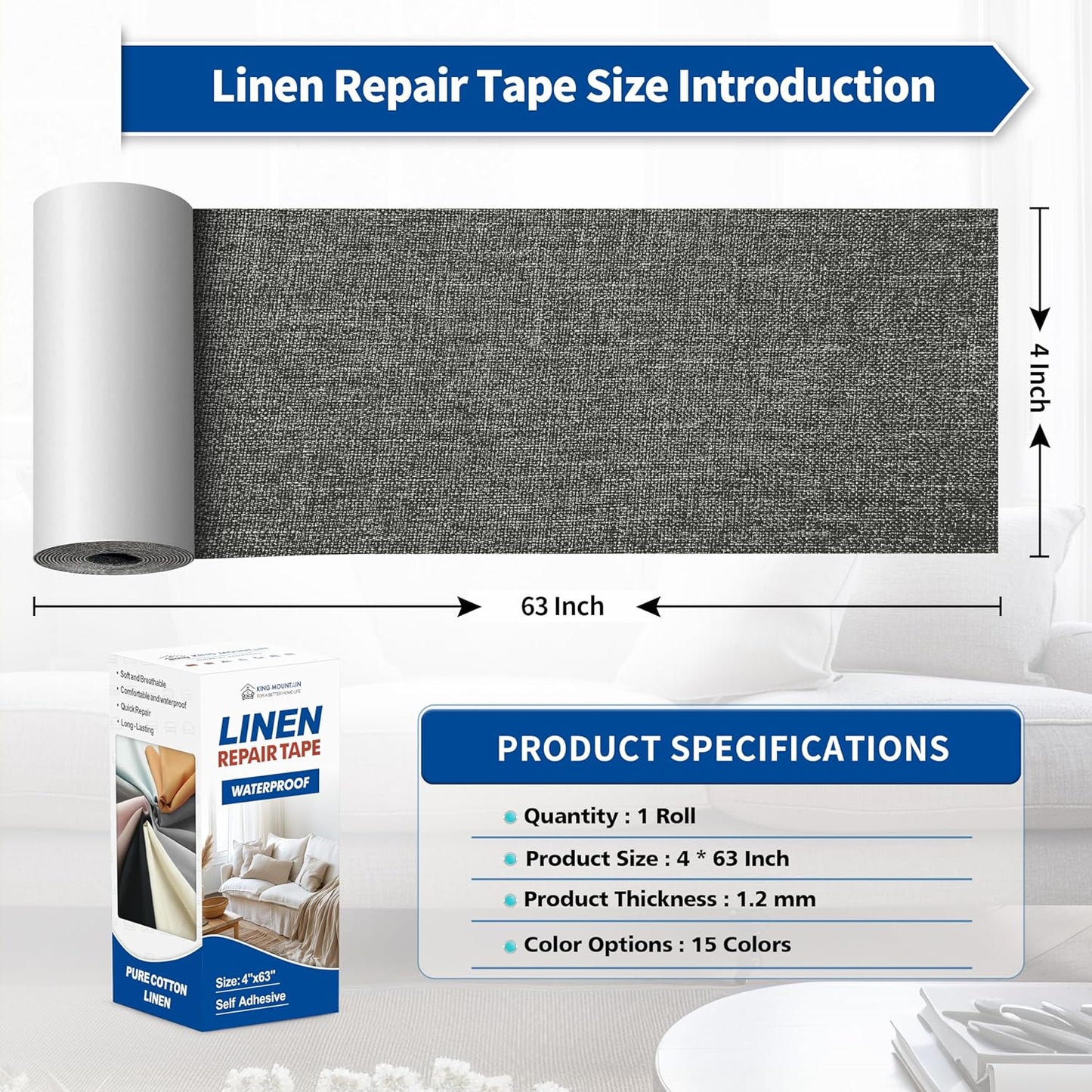 KING MOUNTAIN Linen Repair Patches, Self-Adhesive Linen Fabric Patches, 4 X 63 inch Extra Size, Multi Color, Can be Used for Linen Sofa Repair and Linen Clothes Repair (Dark Grey2.0)