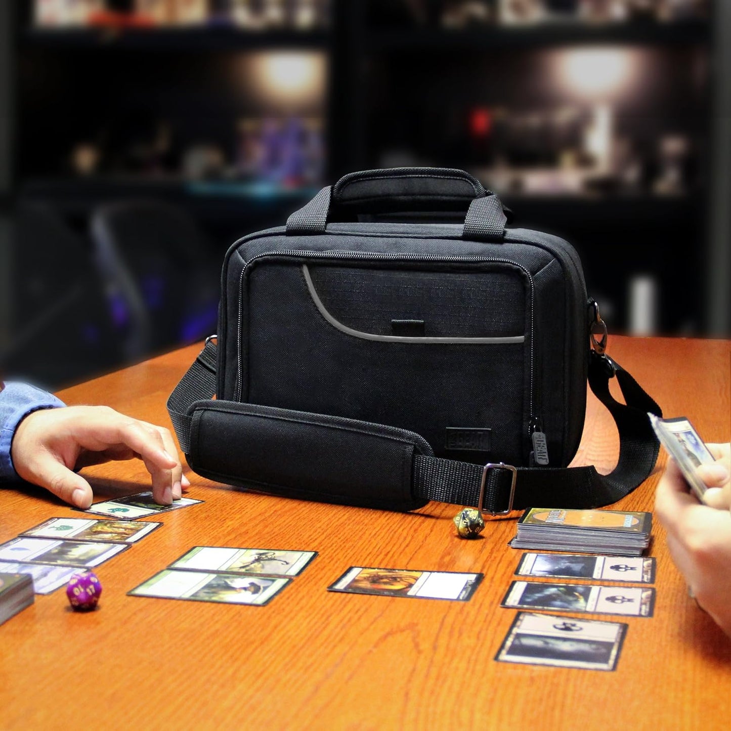 USA Gear Card Deck Storage Bag Compatible with TCG and CCG Deck Games - Card Protector Bag with Padded Shoulder Strap, Customizable Interior, Weather Resistant - Fits Boxes and Loose Cards - Black