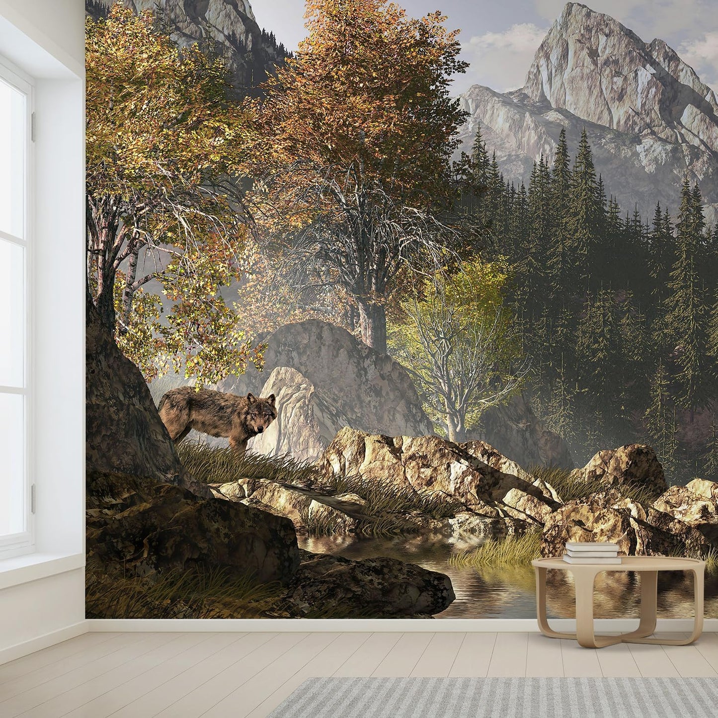 wall26 Wall Sticker/Wall Mural Wolf Near a Lake in a Rocky Mountain Landscape, Not Peel and Stick, Non-Woven Wallpaper Decorative for Bedroom, Living Room, Office - 96x144 inches