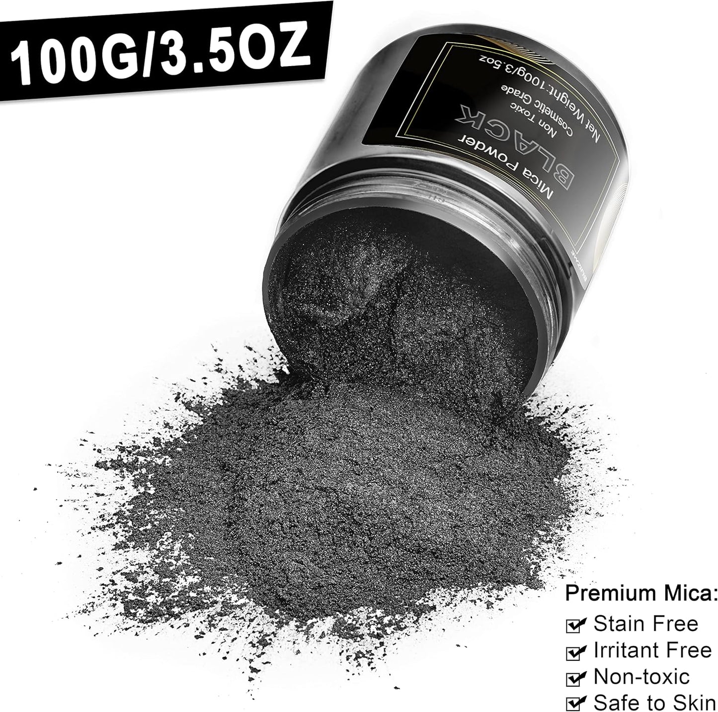 Black Mica Powder Pigment (100g) -Cosmetic Grade Metallic Mica Powder for Epoxy Resin, Lip Gloss, Soap,Candle Making, Bath Bombs,Tumblers, Jewelry, Dyes, and DIY Crafting Projects(Black, 3.5oz)