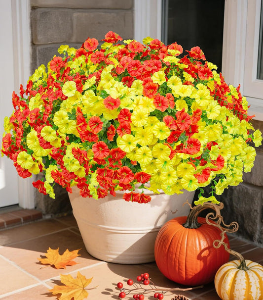 Fake Mums Fall Artificial Flowers Plants for Outdoors Autumn Decoration, 12 Bundles Silk Morning Glory with Eucalyptus Realistic UV Resistant Faux Mums for Outside Planter Yard Garden Home Indoor, Mix