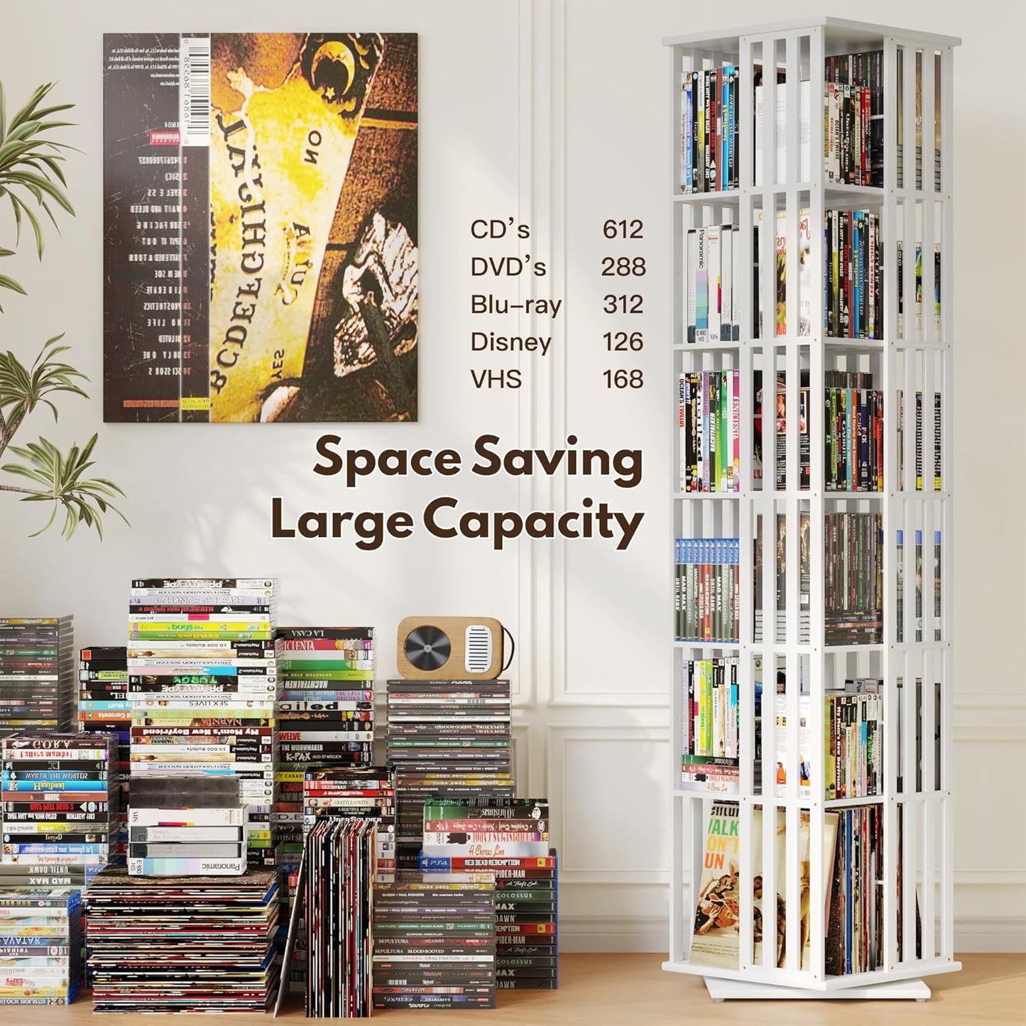 XIMN 360° Rotating Bamboo CD/DVD Shelf - 6-Tier Space-Saving Media Storage Cabinet for Movies, Organizer with Super Compact Design (White, 6 Tier)