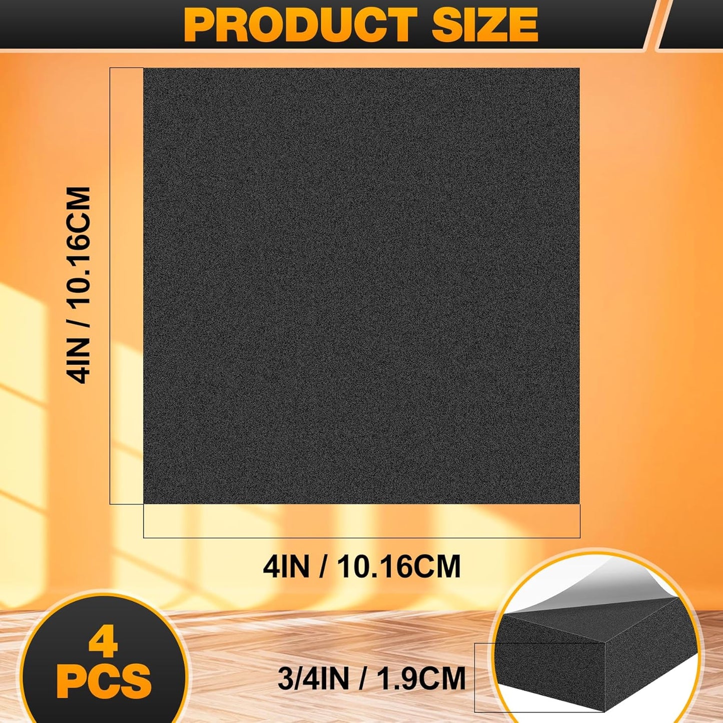 MYFAMIREA 4 PCS Adhesive Foam Padding Sheets Closed Cell Self Adhesive Sticky Foam Pads, 3/4" Thick 4'' x 4'' Neoprene Rubber Sheets Non-Slip Insulation Pads Vibration for Furniture Crafts Cars, Black
