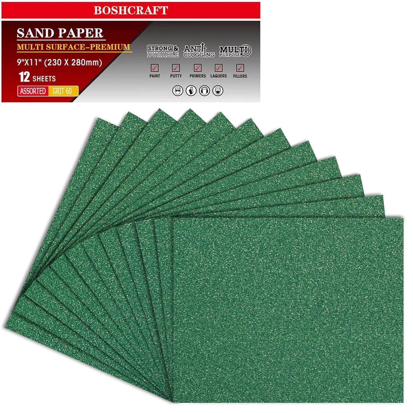 60 Grit Aluminum Oxide Sandpaper, 9x11 Inch Sheets, 12 Pack, Compatible with Sanding Block, for Wood, Metal, Fiberglass