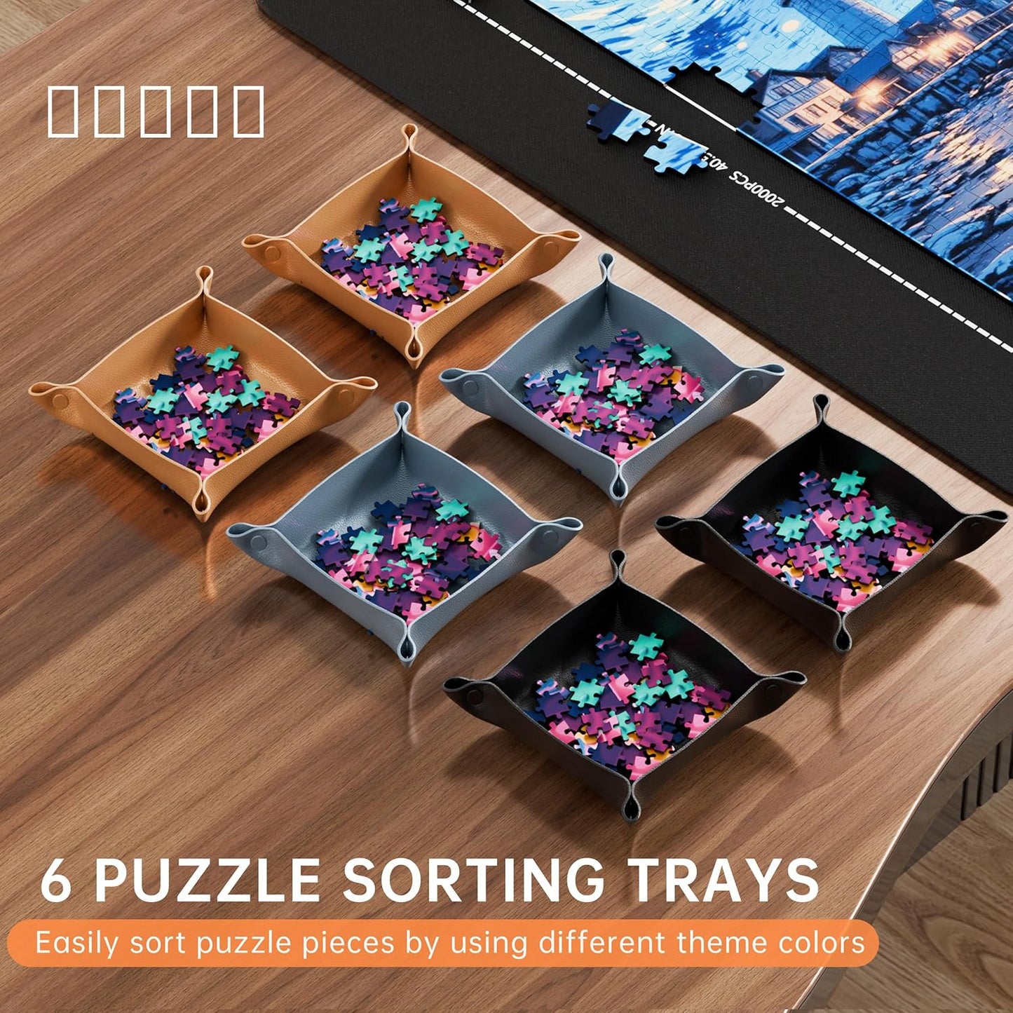 Lwoeo Jigsaw Puzzle Mat Roll Up 2000 Pieces, No Creases 48”x 31”Rubber Saver Pad, Black Large Puzzel Matte Rollup with 6 Sorting Trays & Travel Storage Bag for Sorting Table, Board, Puzzles Mats