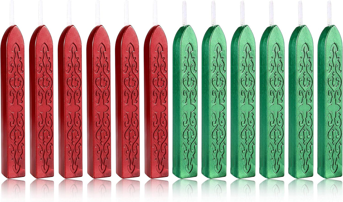 Yoption 12 Pcs Sealing Wax Sticks with Wicks, Antique Metallic Green Red Totem Fire Manuscript Seal Wax for Wax Seal Stamp (Metallic Green+Metallic Red)