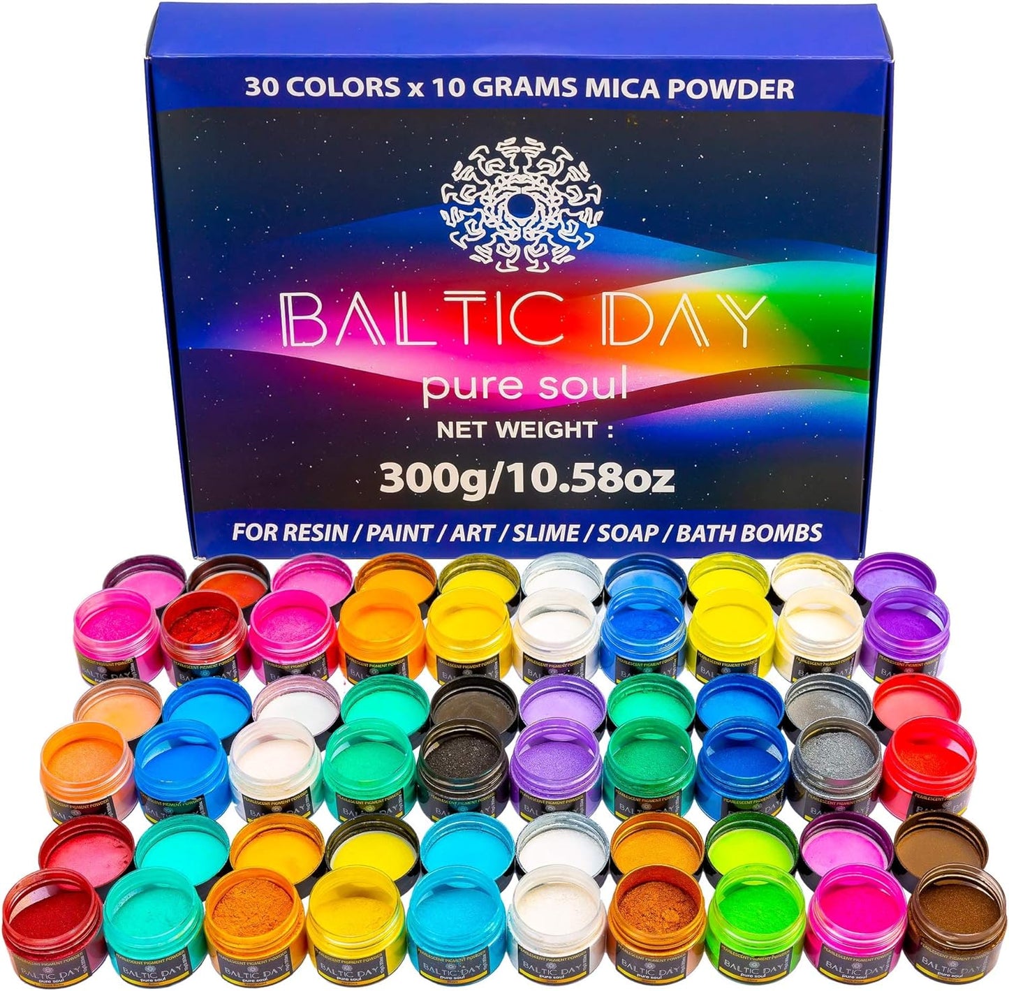BALTIC DAY - Mica Powder, 30 x 10g Jars of Mica Powder for Epoxy Resin Set - Epoxy Resin Color Pigment Powder - Pigments for Soap Making, Slime, Nails