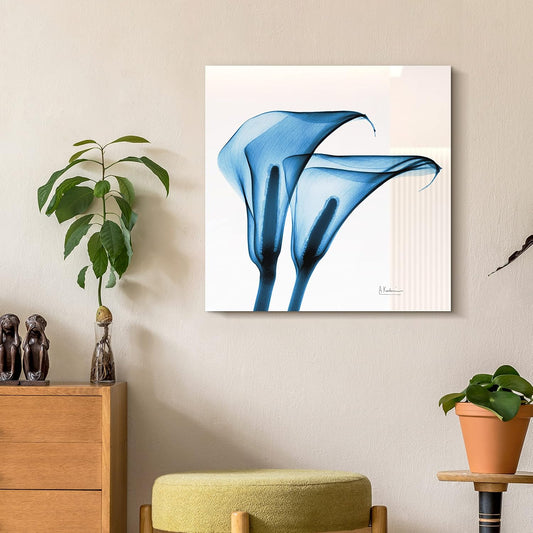 Empire Art Direct Frameless Free Floating Tempered Glass Panel Graphic Wall Art Ready to Hang, 24" x 24", Indigo Calla Lililes, Blue Flower