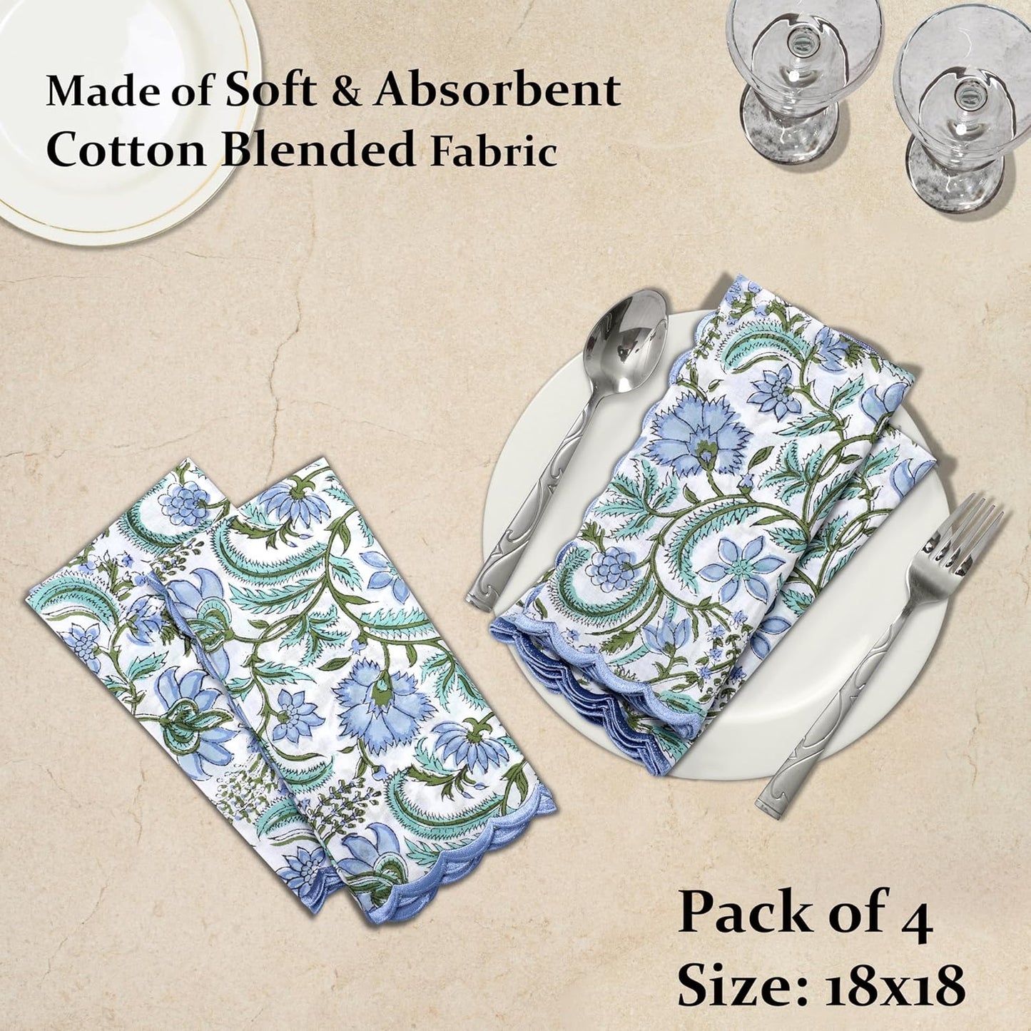 Ridhi Columbia BlueHand Block Print Napkins 18" x 18" Set of 4 Reusable Cotton Dinner Napkins for Weddings, Parties & Everyday Dining, Thanksgiving, Christmas, Fall
