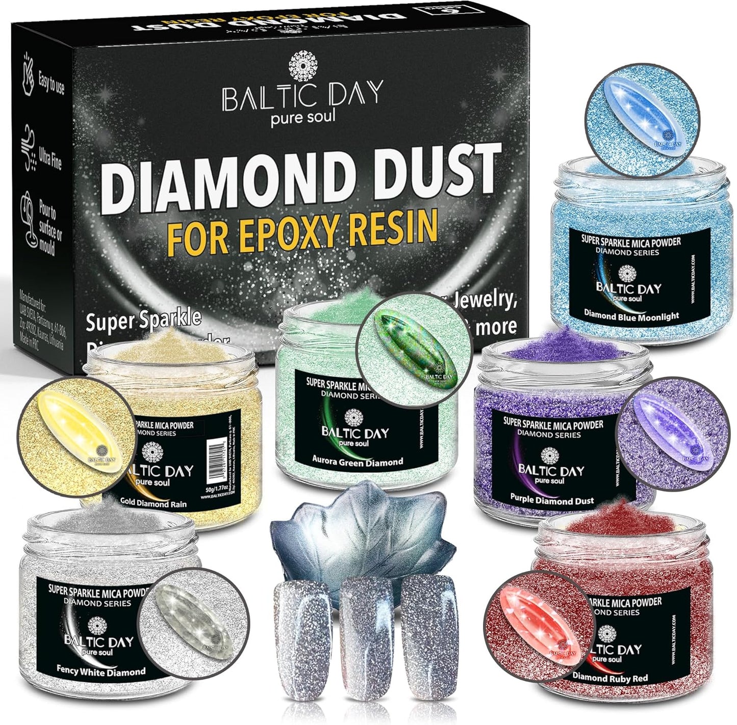 BALTIC DAY Diamond Dust – 6 Color Luxury Glitter Set for Epoxy Resin – Ultra Sparkle Mica Powder for Crafts, Tumblers, Jewelry & Art – Brilliant Crystal Shimmer Pigments