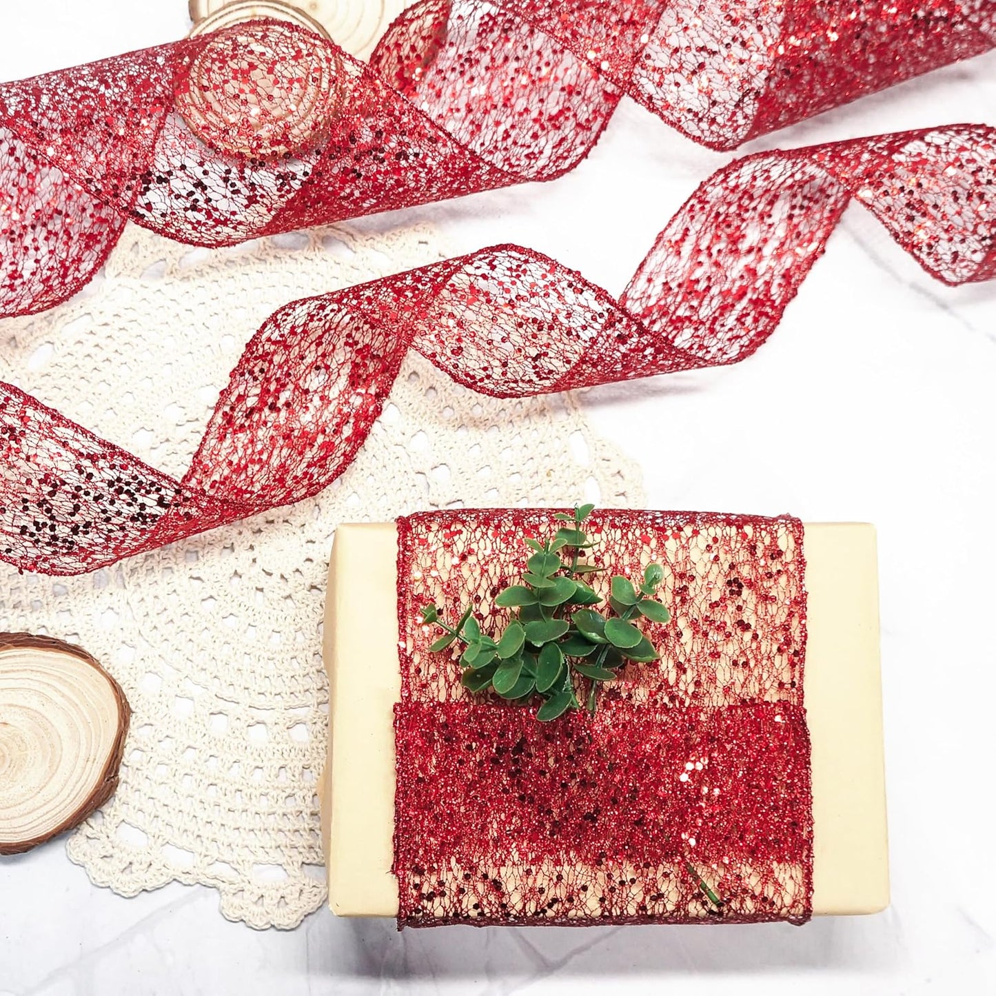 CT CRAFT LLC Sparkling Glitter Mesh Wired Ribbon 2.5" x 20 Yards Red for Christmas Home Decor Bow Gift Wrapping DIY Crafts Wreath