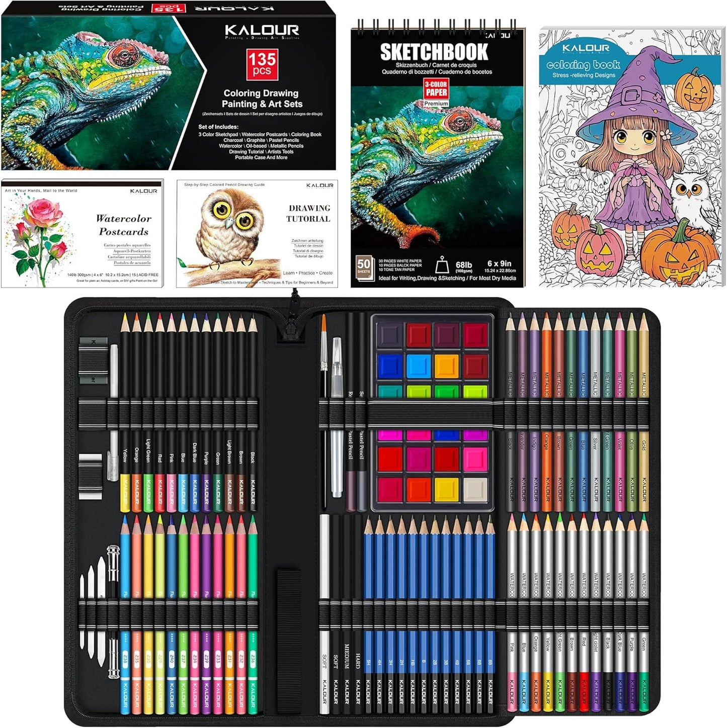KALOUR 135 Drawing Set Sketching Kit,Art Supplies with 3-color Sketchbook & Coloring Paper,Include Tutorial, Oil Based, Neon,Graphite, Charcoal, Watercolor & Metallic Pencil,for Artist Adults Beginner