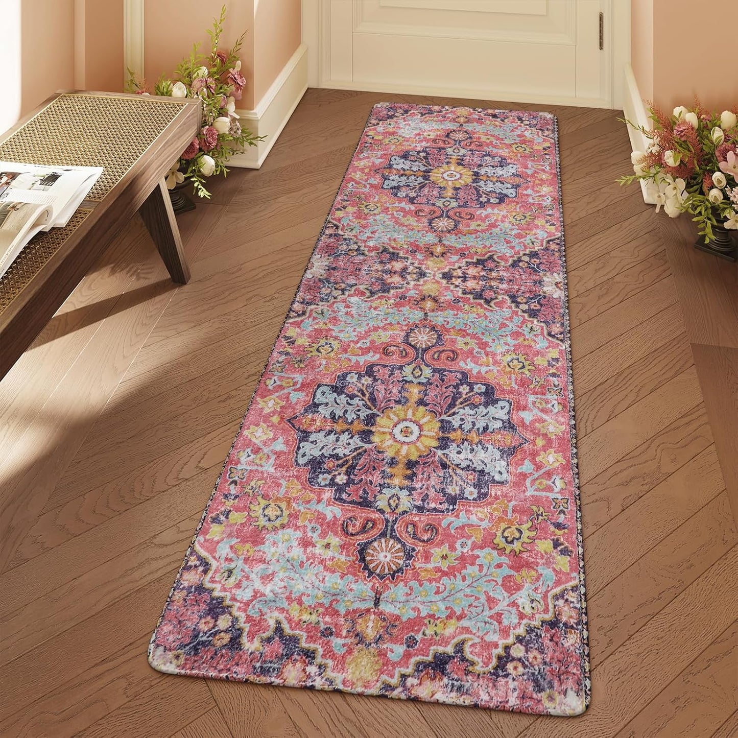 Lahome Bohemian Floral Medallion Runner Rug - 2x6 Hot Pink Hallway Runner Laundry Mat, Machine Washable Non-Slip Soft Indoor Carpet for Bathroom Bedside Basement Camper Home Decor, Fuchsia/Multi