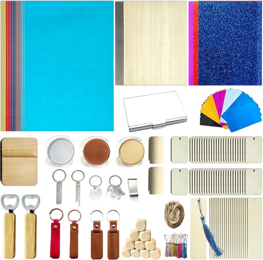 YoSpciaNe Laser Engraving Material Kit, 143 Pcs Engraving Supplies, 18 Kinds of Laser Blanks Including Wood, Paper, Acrylic, Metal, PU Leather