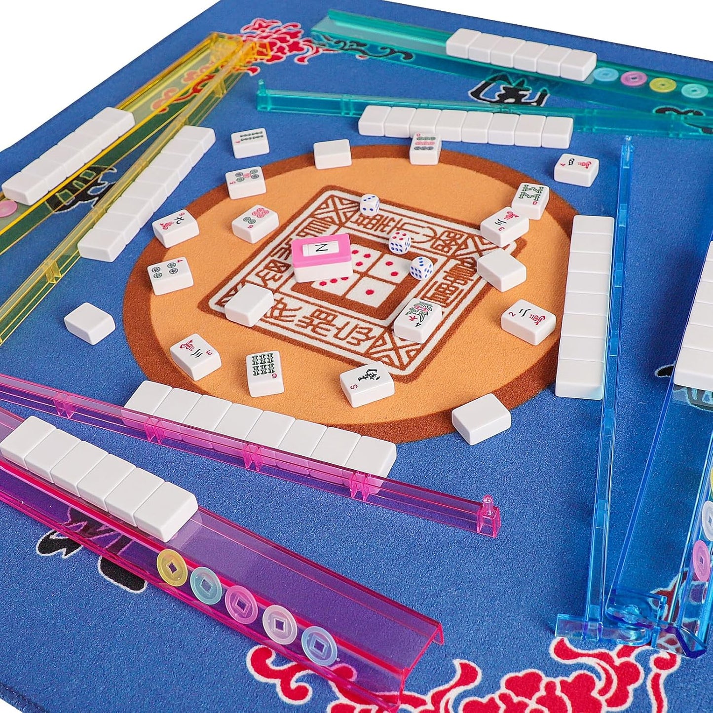 American Mahjong Game Set, 166 Quality White Tiles, 4 All-in-One Color Rack/Pushers, Mahjong Tile Set with Blue Printed Carrying Bag