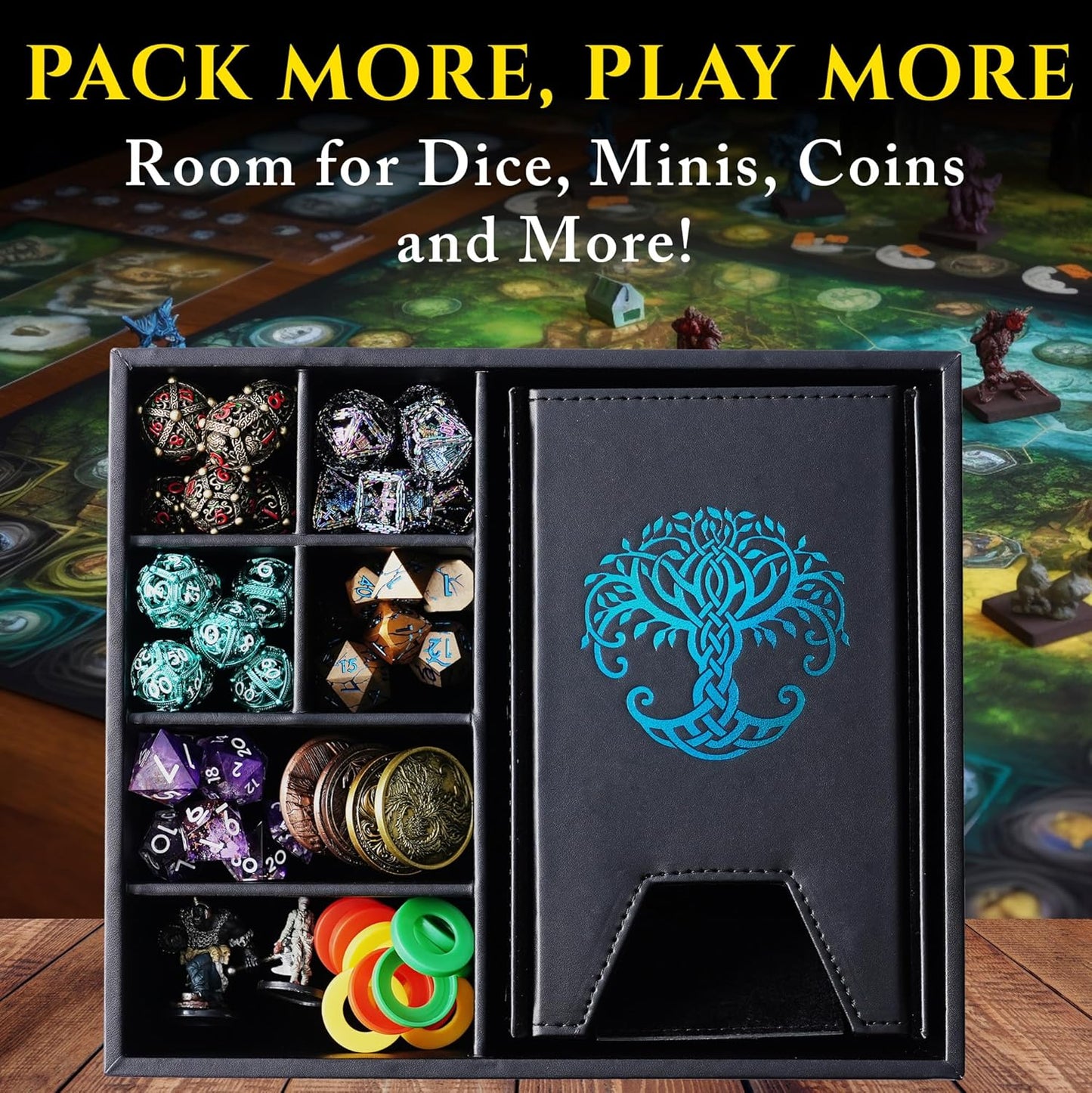 Dice Tray and Dice Tower for DND and RPG - All-in-One Game Roamer Tray & Large Tower for Random Rolls - Stores Your Sets, Mini's and More Compatible with D&D (Blue Tree)
