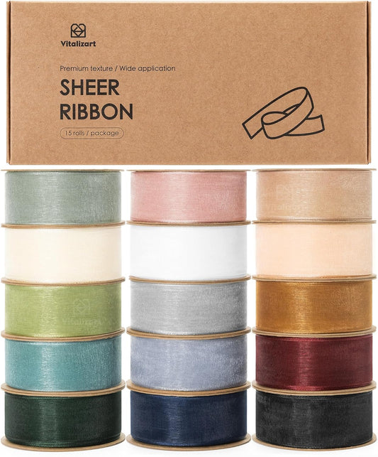 Vitalizart 1" x 150 Yd Organza Ribbon Mixed Color Sheer Ribbons Set 10 Yd x 15 Rolls Handmade for Gift Wrapping Christmas Tree Crafts Bows Wedding Invitations Wreaths Wrap