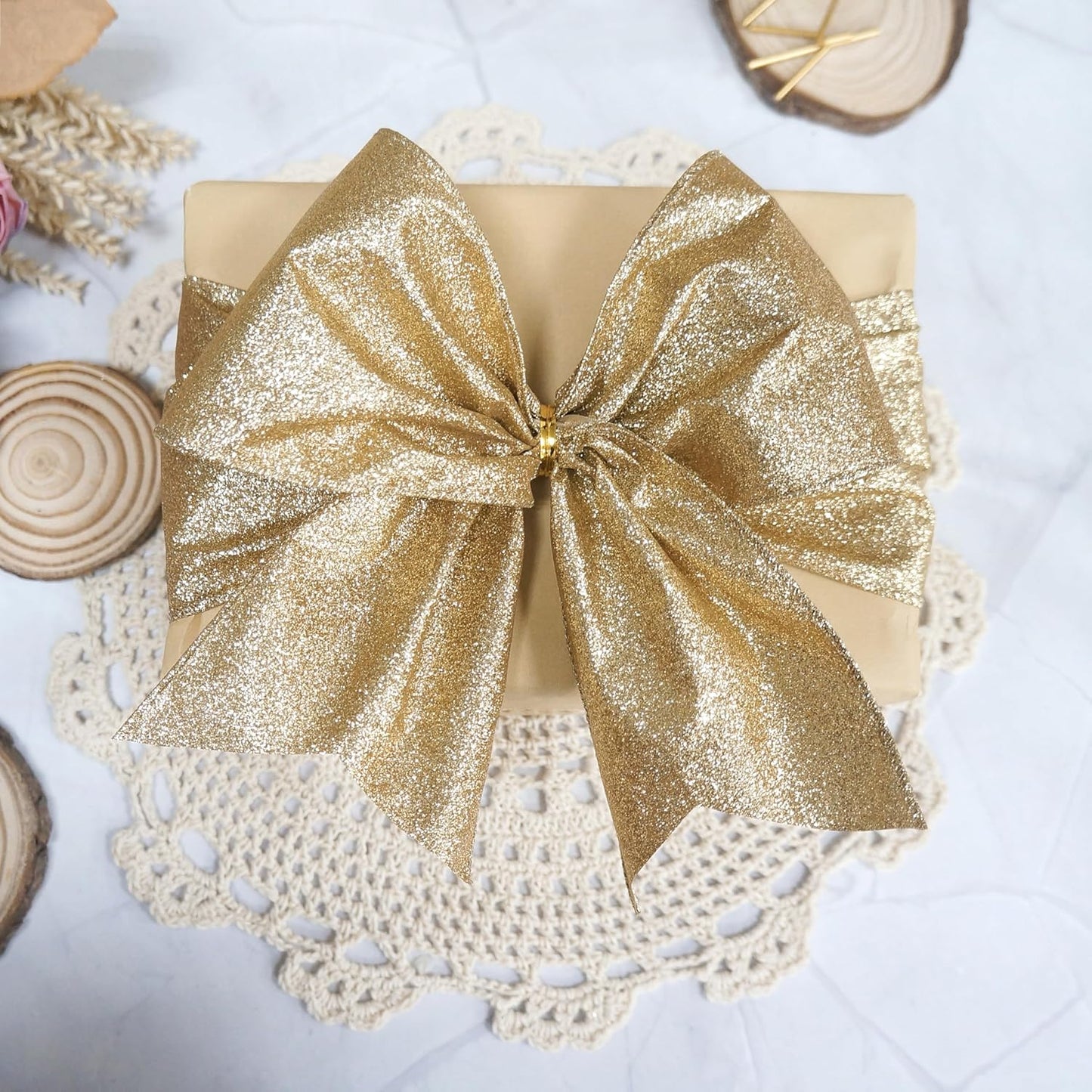 CT CRAFT LLC Glitter Wired Ribbon 2.5" x 10 Yards Light Gold for Christmas Home Decor Bow Gift Wrapping DIY Crafts Wreath