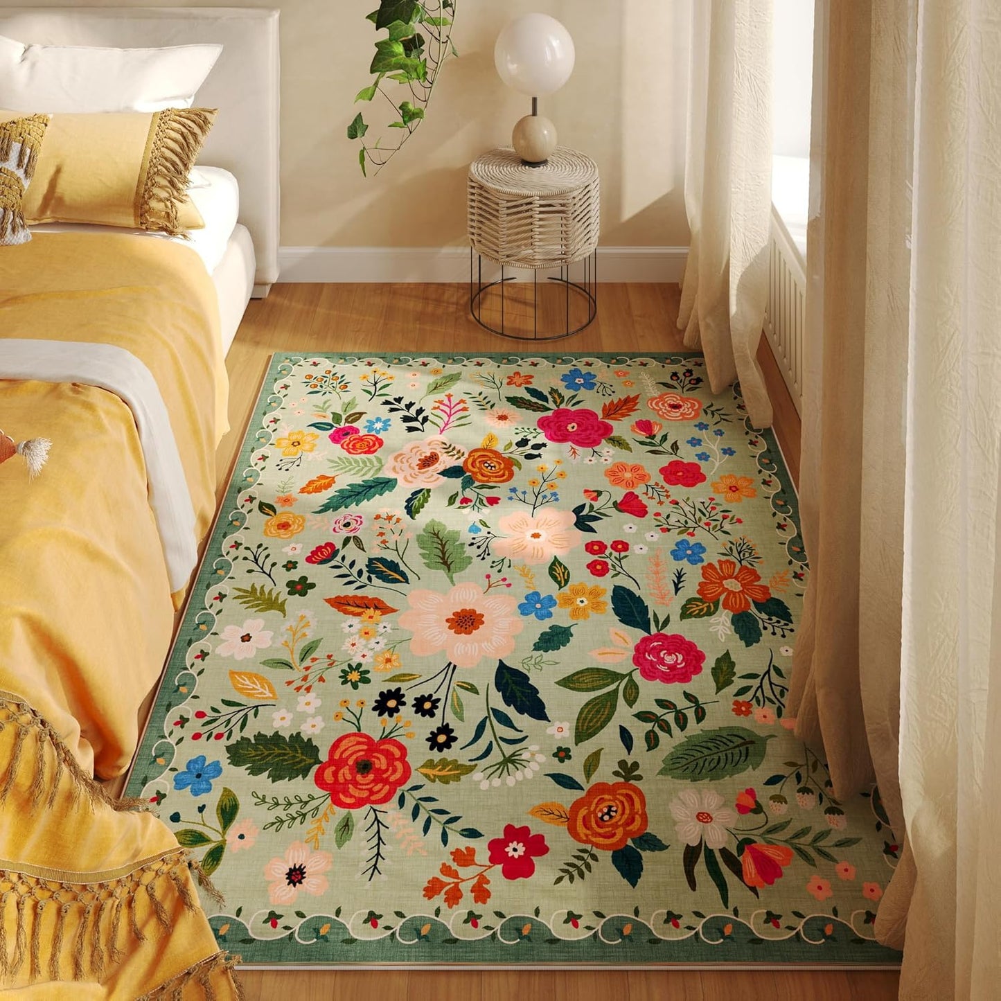 Rugcomf Area Rug 4x6 Rug Washable Boho Rugs Non Slip Low Pile Floral Small Carpet for Bedroom, Bedside, Kids Room, Office, Dining Room(Green)