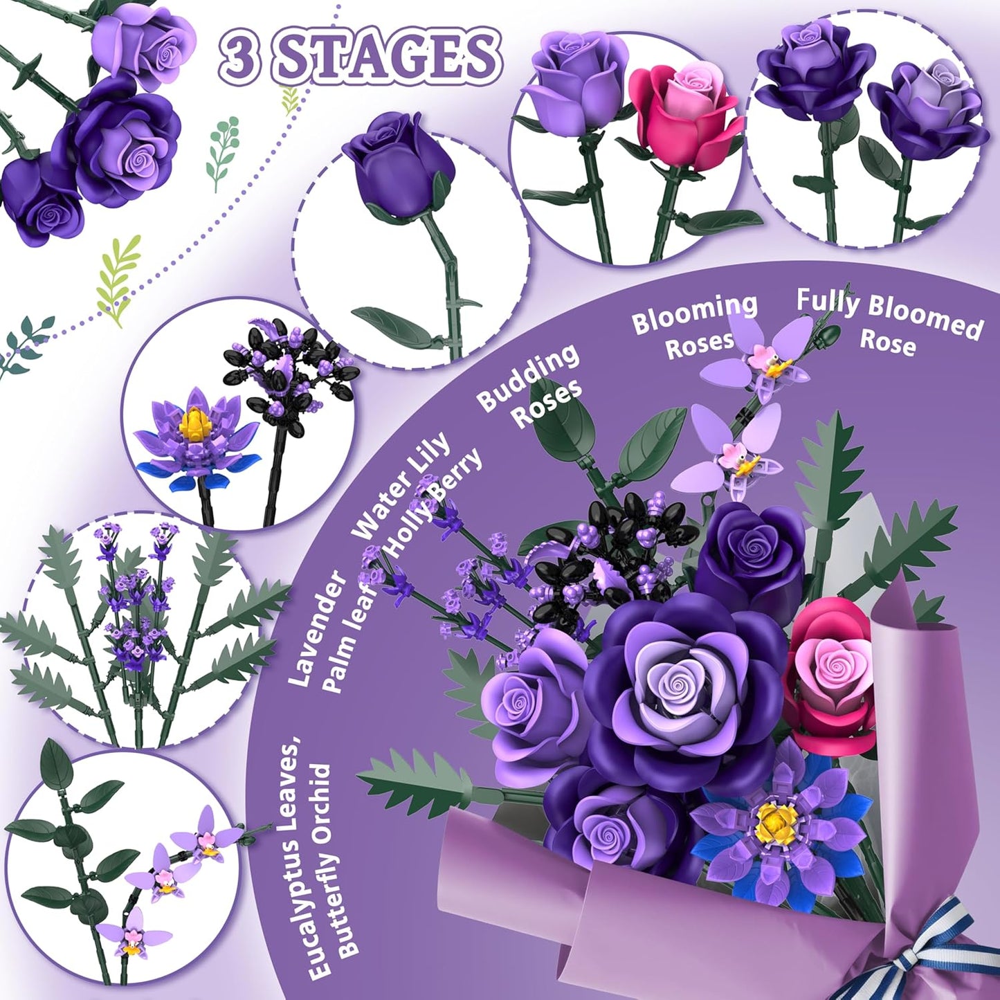 Purple Roses Flower Bouquet Building Sets, 834PCS Artificial Flowers Botanical Collection Compatible with Lego Flowers for Adults Gothic Halloween Decor, Gifts for Halloween Christmas Valentines Day