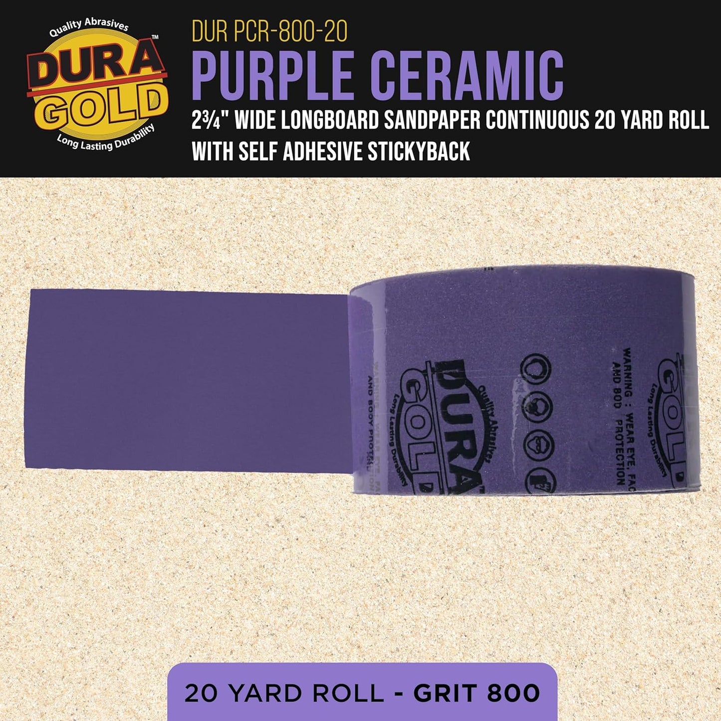 Dura-Gold Premium 800 Grit PSA Purple Film Ceramic Longboard Sandpaper, 2-3/4" Wide Continuous 20 Yard Roll - Self Adhesive Stickyback for Auto & Wood Air File Long Board Sanders, Hand Sanding Blocks