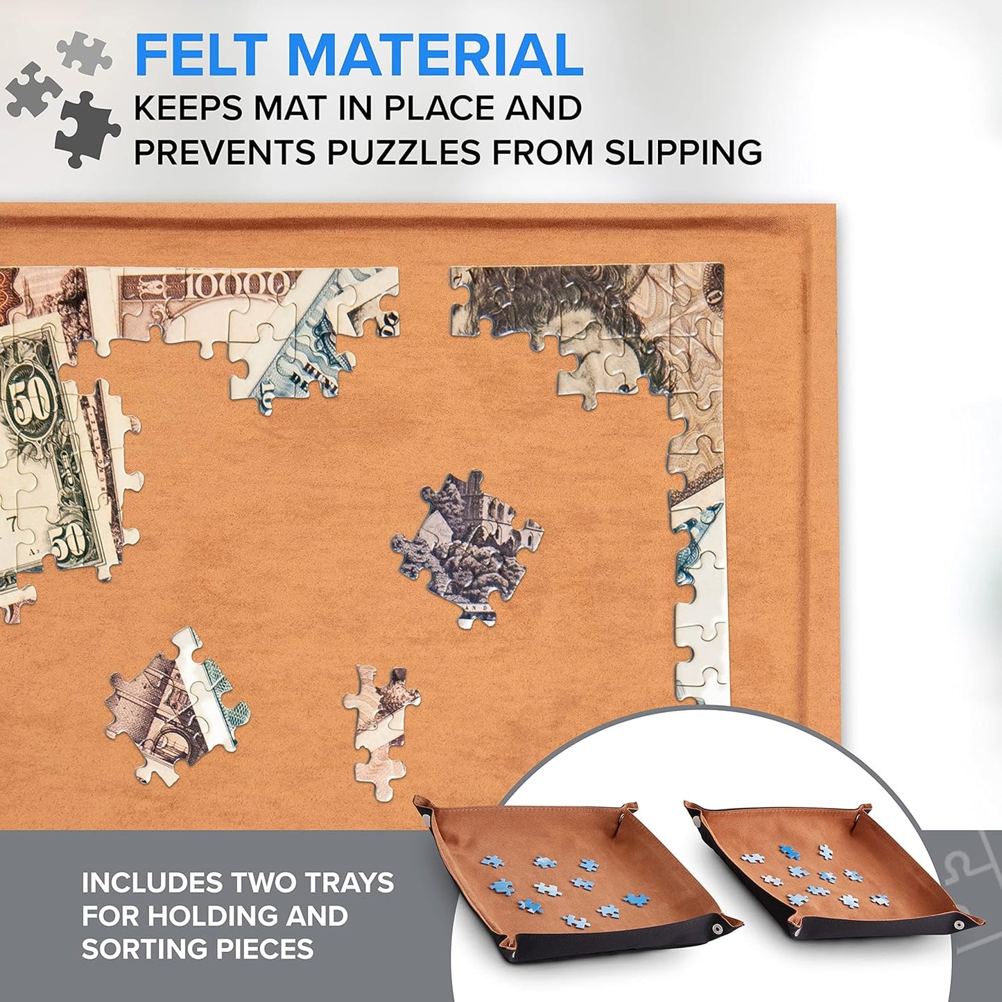 Jumbl 2000-Piece Puzzle Board with Sorting Trays | Lightweight, Portable Jigsaw Puzzle Assembly Tray with Non-Slip Felt Surface, Edged Border & Extra Large Workspace | Table Measures 27” x 39”