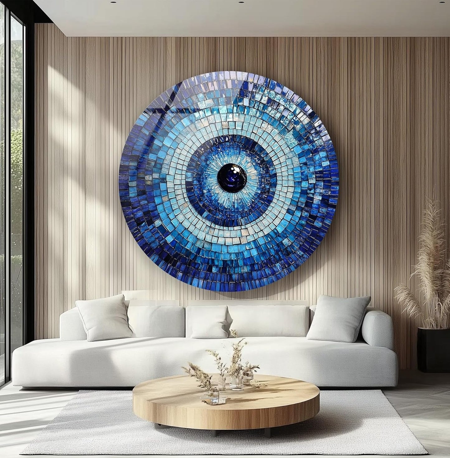 My Photostation.com 20''(50cm) Diameter Blue Mosaic Evil Eye Round Glass Wall Art Tempered Glass Printing Wall Decor Large Wall Art Wall Hangings