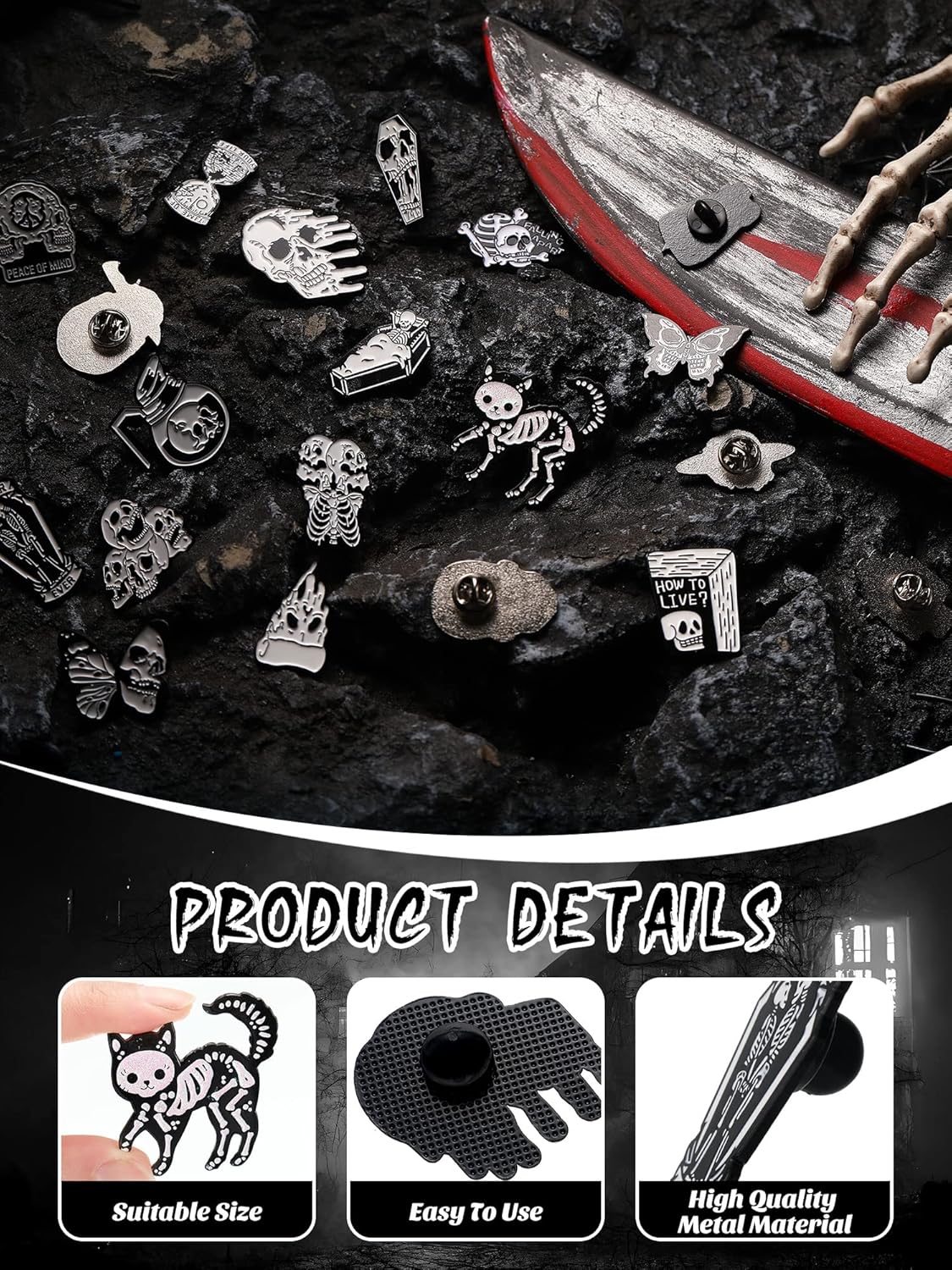 BBTO 20 Pieces Enamel Pins Skull Spooky Skeleton Enamel Pins Set Black Decorative Cartoon Goth Skull Horror Dark Brooch Cute Lapel Buttons for Jacket Backpack Hat Halloween