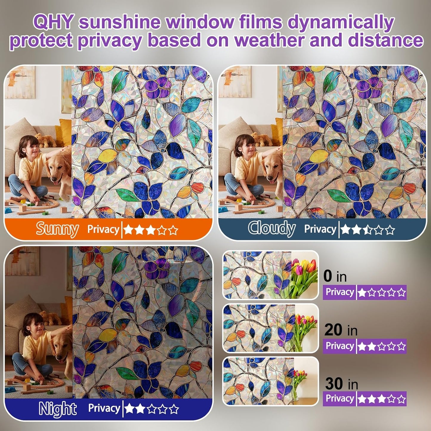 Stained Glass Window Privacy Film Decorative Rainbow Static Clings – Ideal for Home & Office, Adhesive-Free, Removable, UV-Blocking (Purple Rainbow, 17.5 X 78.7 in)