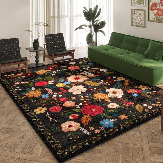 Rugcomf Area Rugs 8x10 Rug for Living Room Clearance Washable Boho Area Rug Non Slip Floral Vintage Low Pile Large Rug for Living Room, Bedroom, Farmhouse, Dining Room, Kids Playroom(Black)