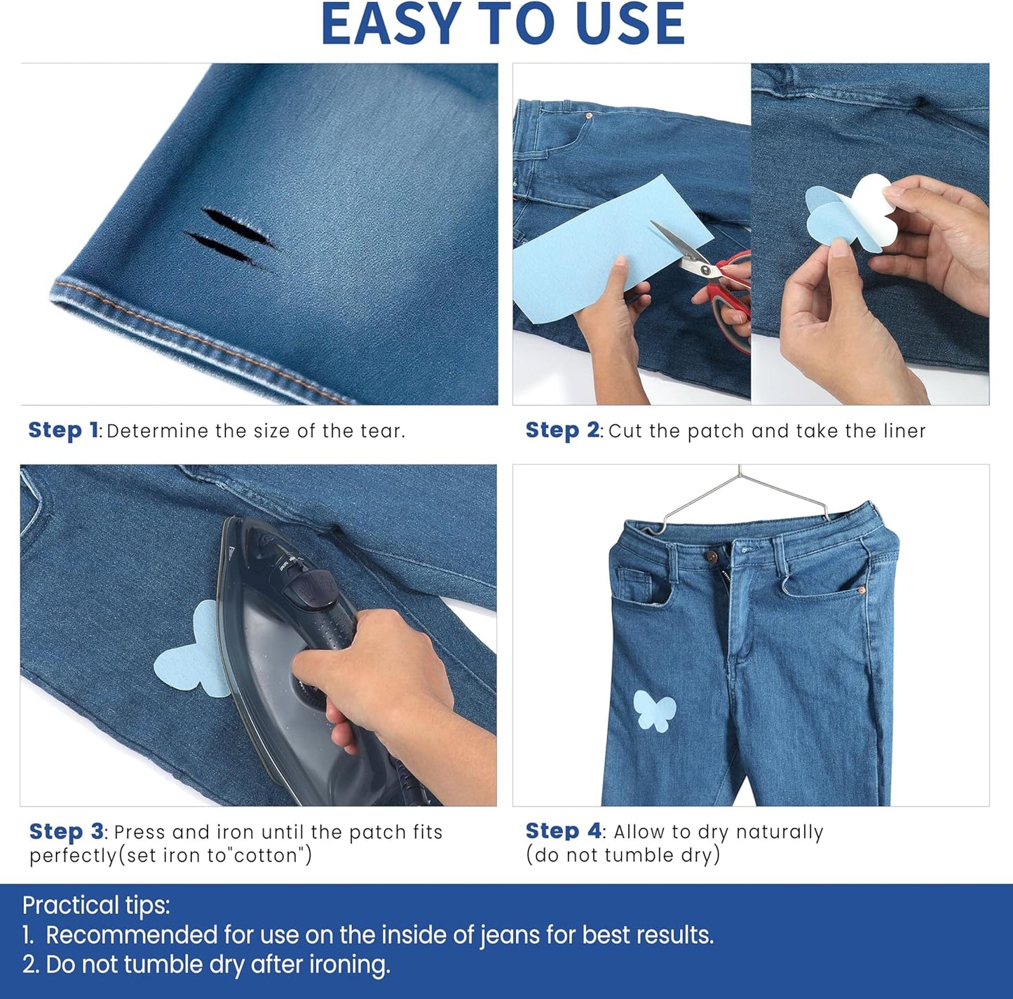 Denim Patches for Inside Jeans - Iron On Patches for Jeans - Jeans Patch for Repairing Pant Holes and Covering Imperfections, Large Size, 4 in. x 60 in.Denim Blue