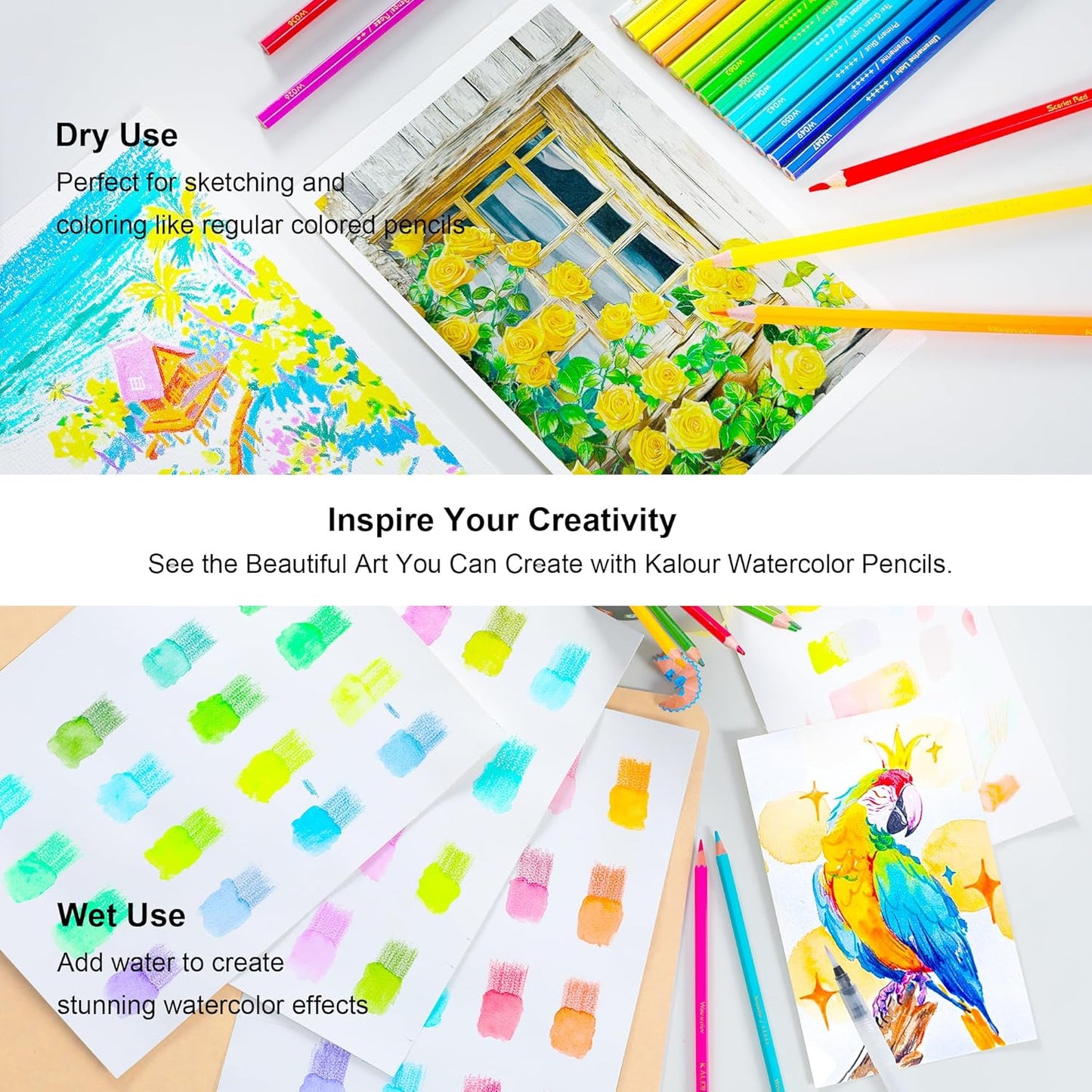KALOUR Watercolor Pencils with Brush, 36 Colors, Blendable Wet or Dry, Ideal for Coloring Books and Art