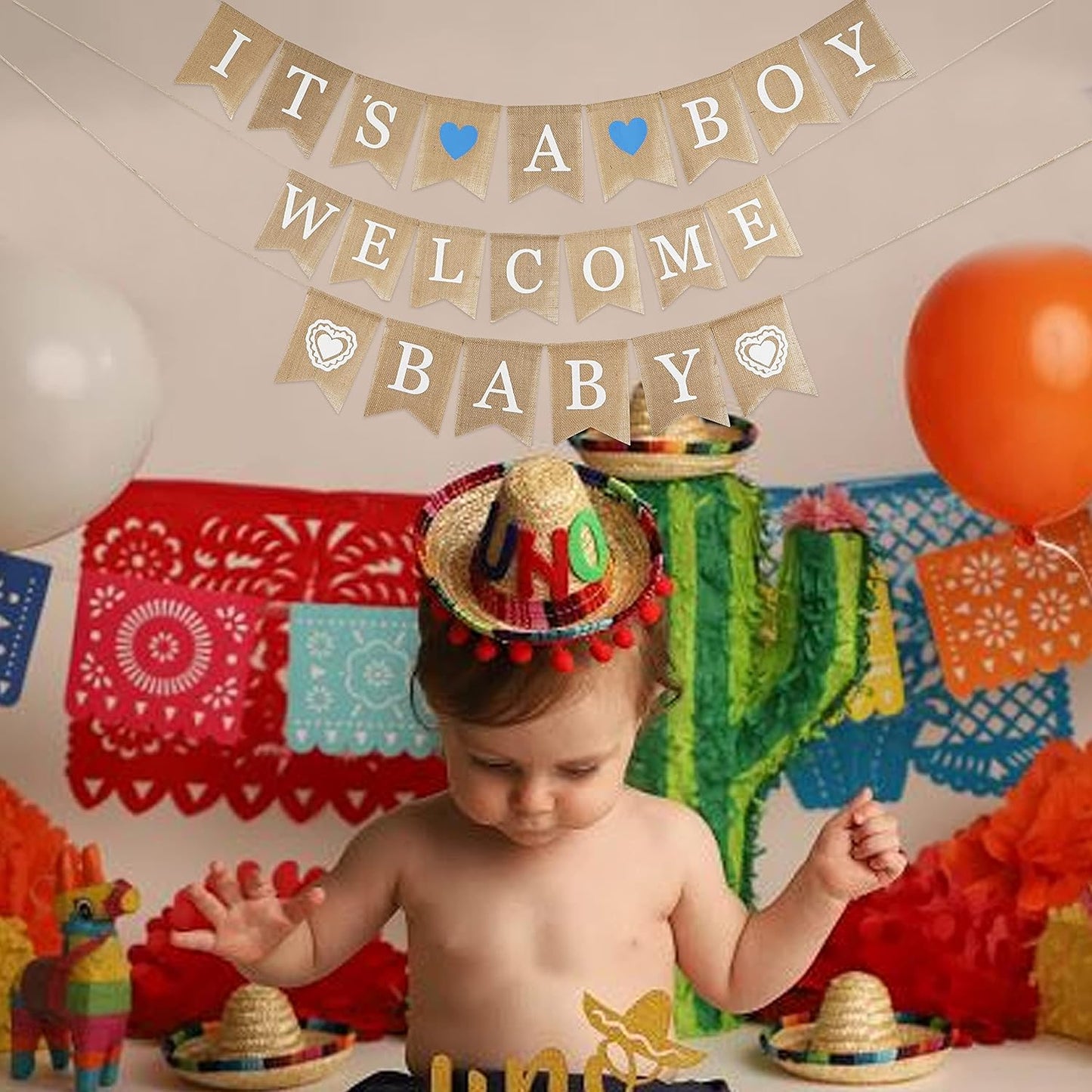 MEEDEE Welcome Baby Banner - It's A Boy Burlap Shower Decorations, Rustic Hanging Bunting for Safari Theme, 3 Pieces