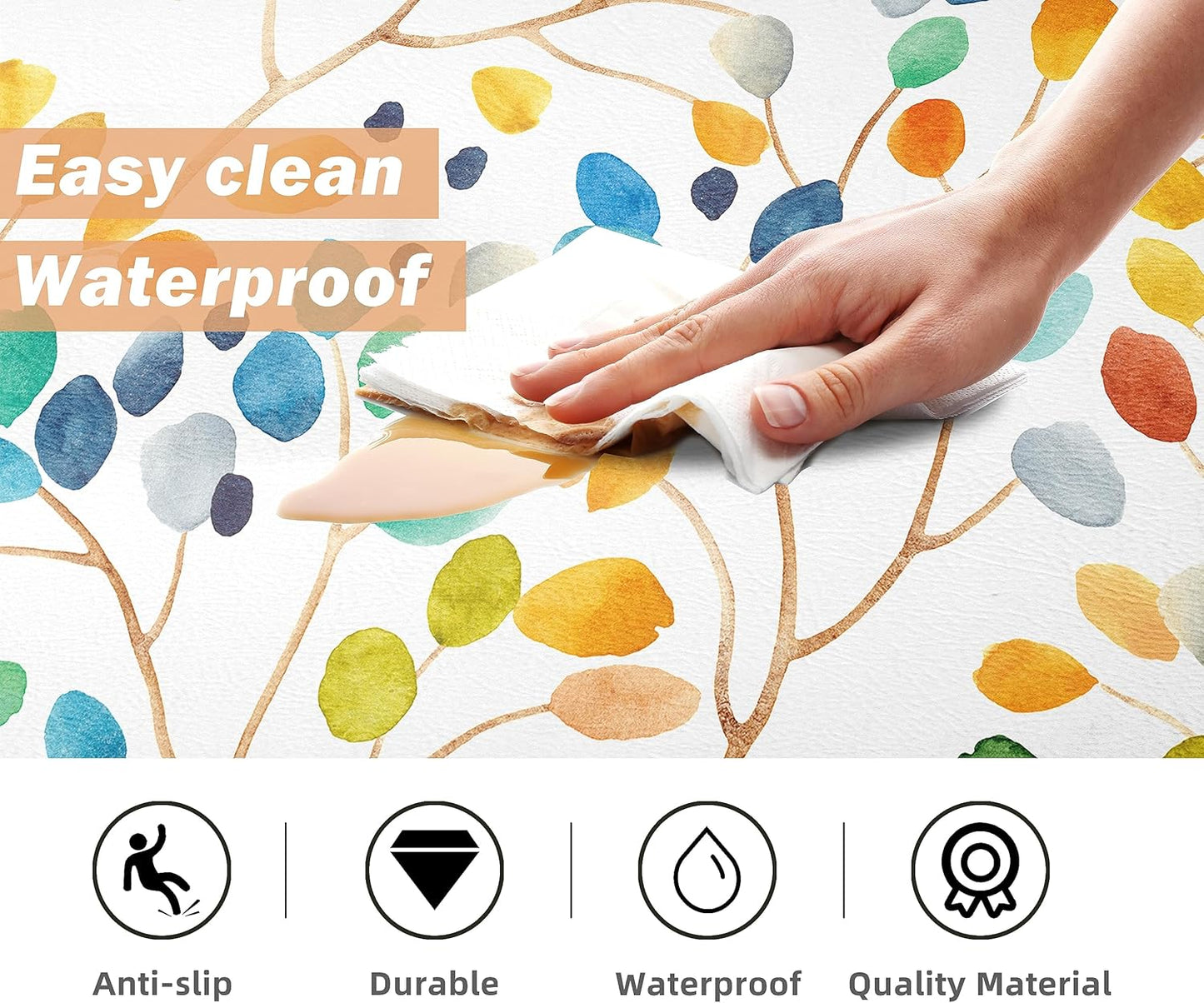 weesire Anti Fatigue Mats for Kitchen Floor Boho Kitchen Rugs Colorful Floral Leaves Memory Foam Cushioned Non-Slip Waterproof Kitchen Mat PVC Kitchen Rug Set, 17.3x28+17.3x47 inches, Laundry, Yellow