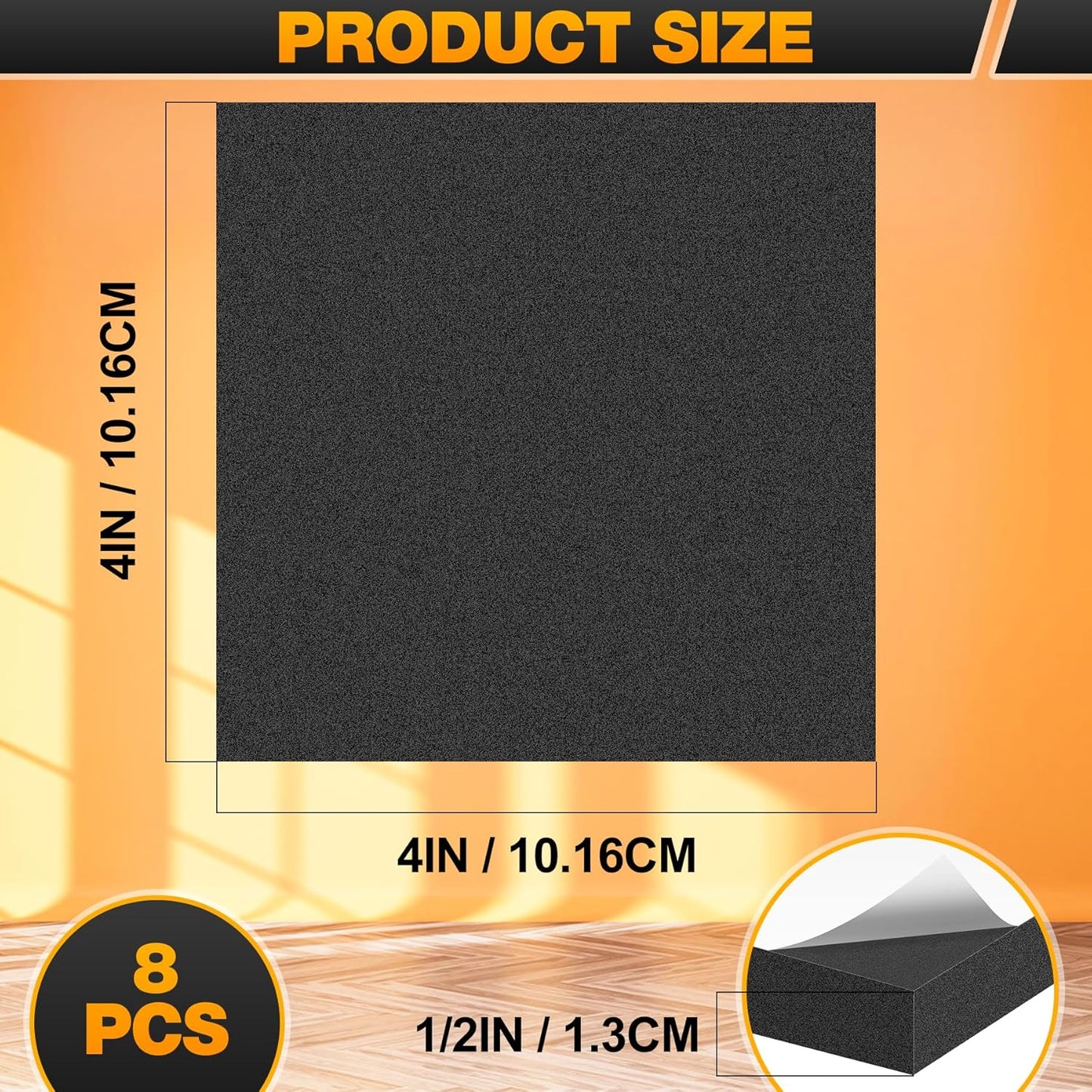 MYFAMIREA 8 PCS Adhesive Foam Padding Sheets Closed Cell Self Adhesive Sticky Foam Pads, 1/2" Thick 4'' x 4'' Neoprene Rubber Sheets Non-Slip Insulation Pads Vibration for Furniture Crafts Cars, Black