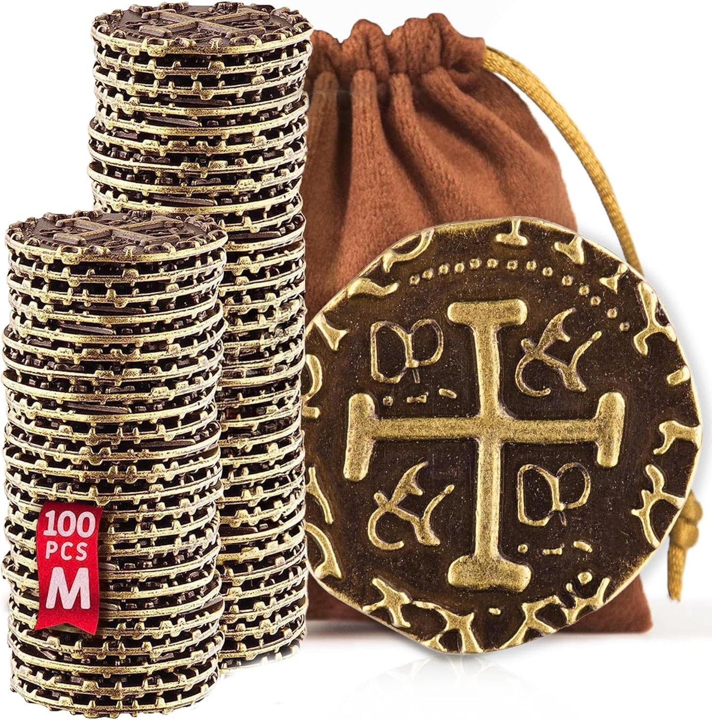 Large Metal Pirate Coins - 100 Bronze Treasure Coin Set, Metal Replica Spanish Doubloons for Pirate Party Decorations & Favors, Tokens, Toys, Cosplay - Pirate Treasure Chest, Diameter 7/8"
