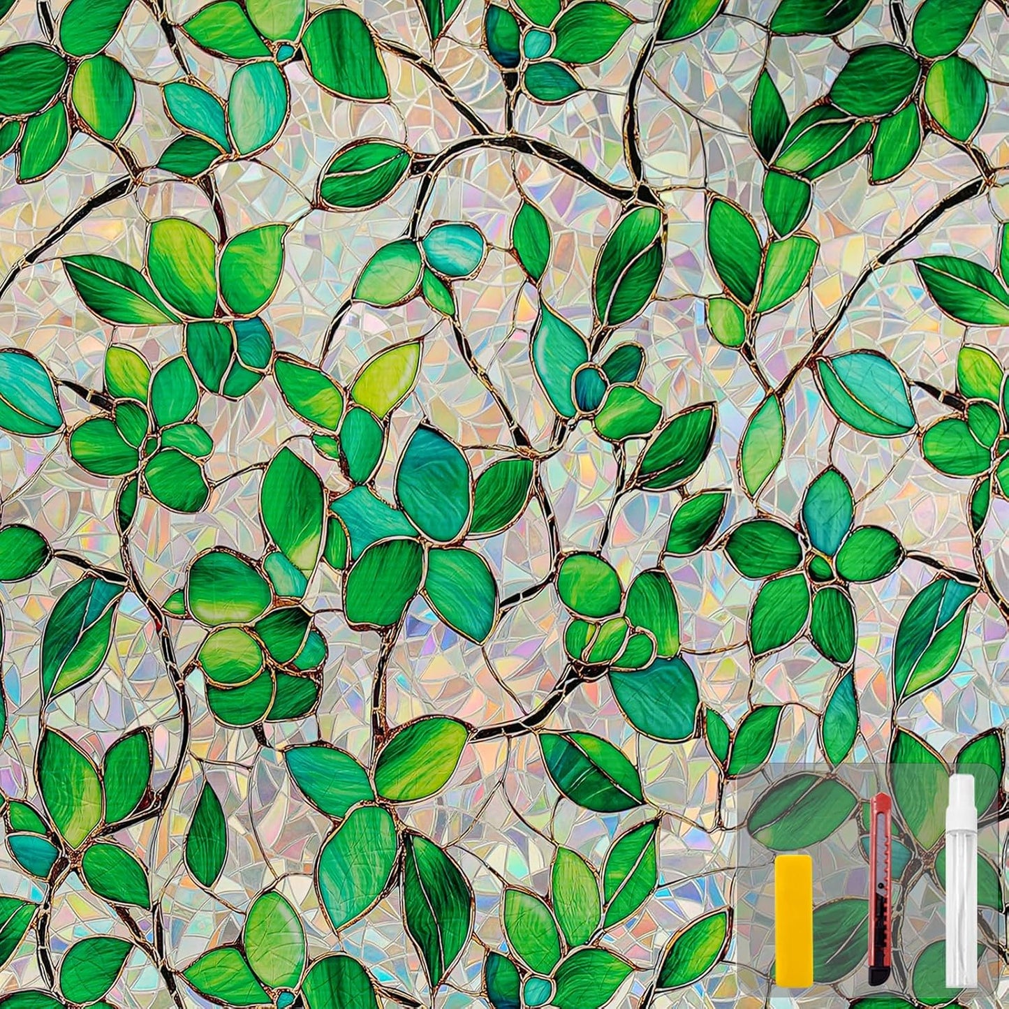 Window Privacy Film Stain Glass Window Film Rainbow Window Film Window clings Non-Adhesive Reusable Decorative for Room (Greenery Leaf, 17.5 x 157.4 in)
