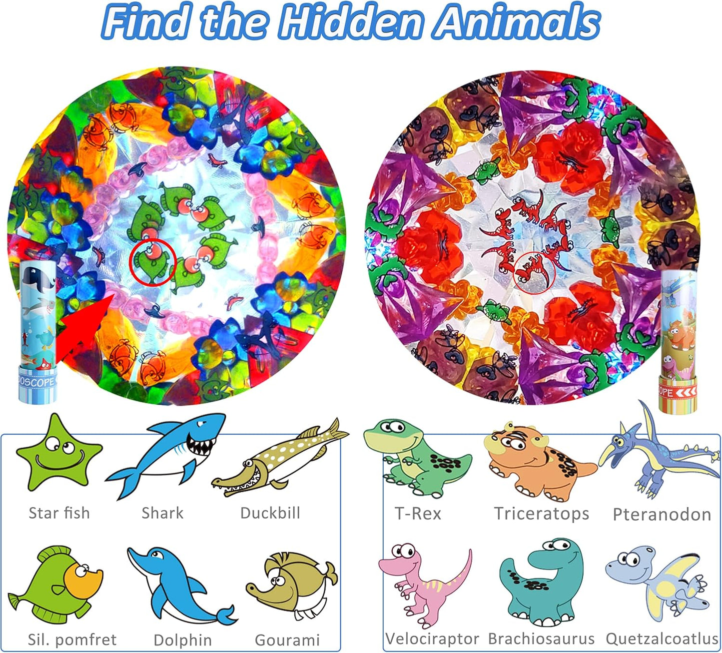 Classic Tin Kaleidoscopes 2 Pack, Discover Hidden Animals, Crystal Clear View, Vintage Retro Toys in Gift Box