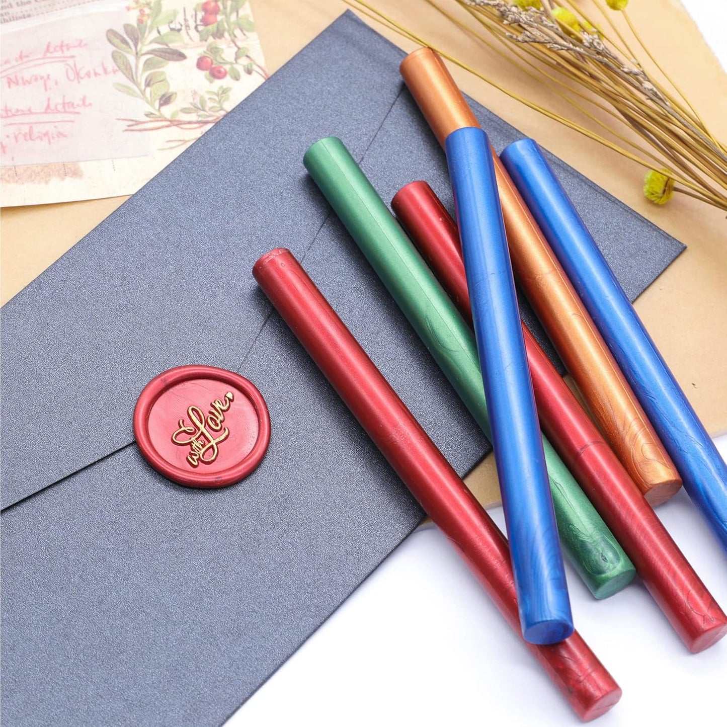 SWANGSA 20 Pieces Glue Gun Sealing Wax Sticks Metallic Gold Red Green Blue for Wax Seal Stamp, Great for Wedding Invitations, Cards, Envelopes, Wine Packages, Gift Wrapping (Mixed Color)