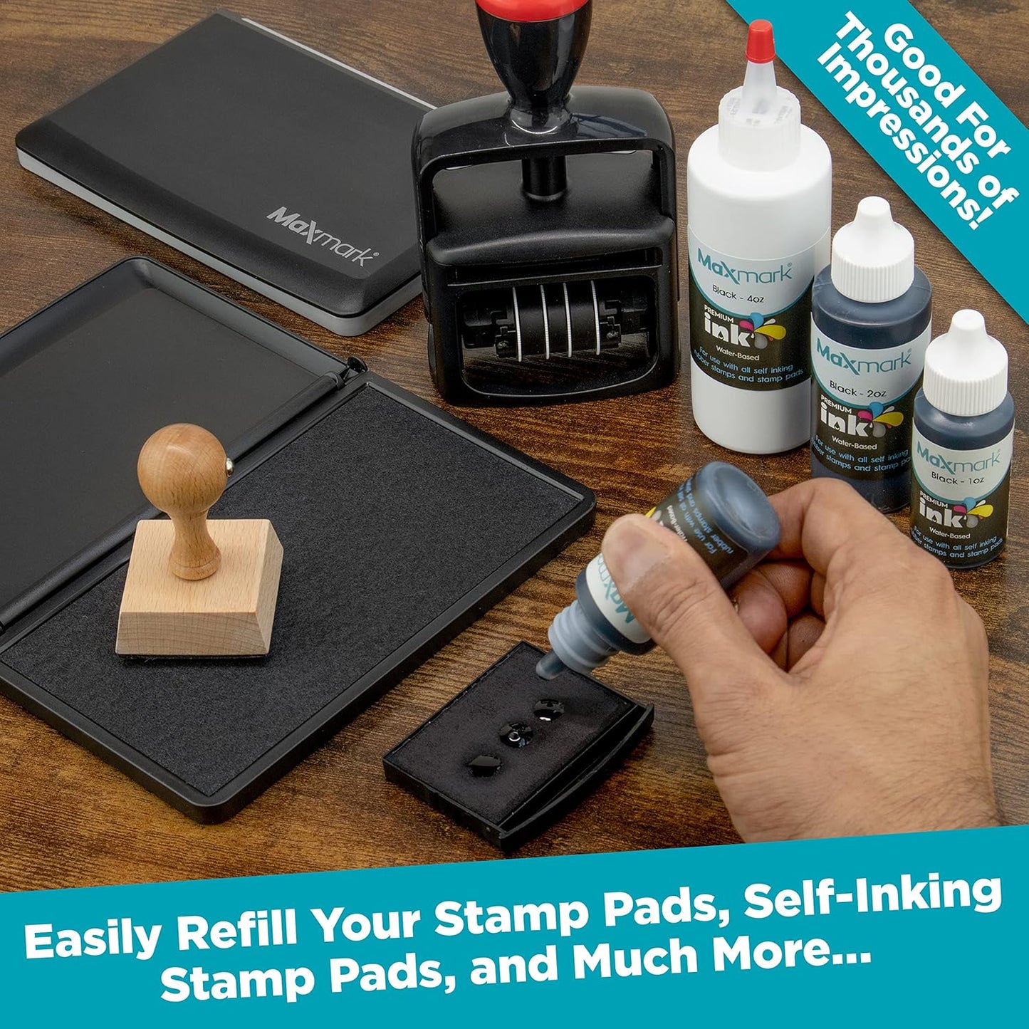 MaxMark Premium Refill Ink for self Inking Stamps and Stamp Pads, Green Color - 2 oz.